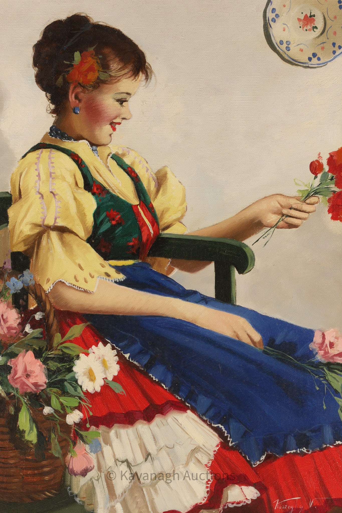 Violetta Koszghy (Hungary, b.1928) Portrait of a Young Woman with Flowers, Oil on Canvas (1 of 6)