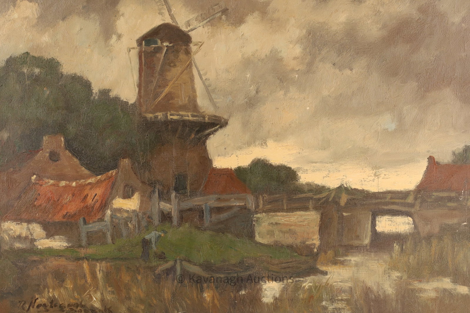 Roos Nagtegaal-Bosnak (Netherlands, 1922–2019) Signed Windmill Landscape Oil Painting, Dutch Canal (1 of 5)