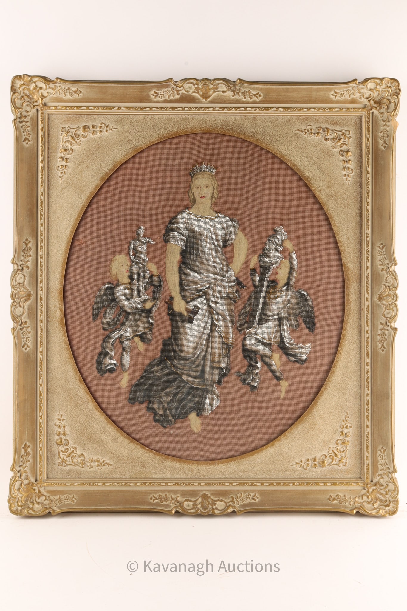 Antique Victorian Figural Beadwork Needlepoint Tapestry Panel with Angels, Framed (1 of 7)