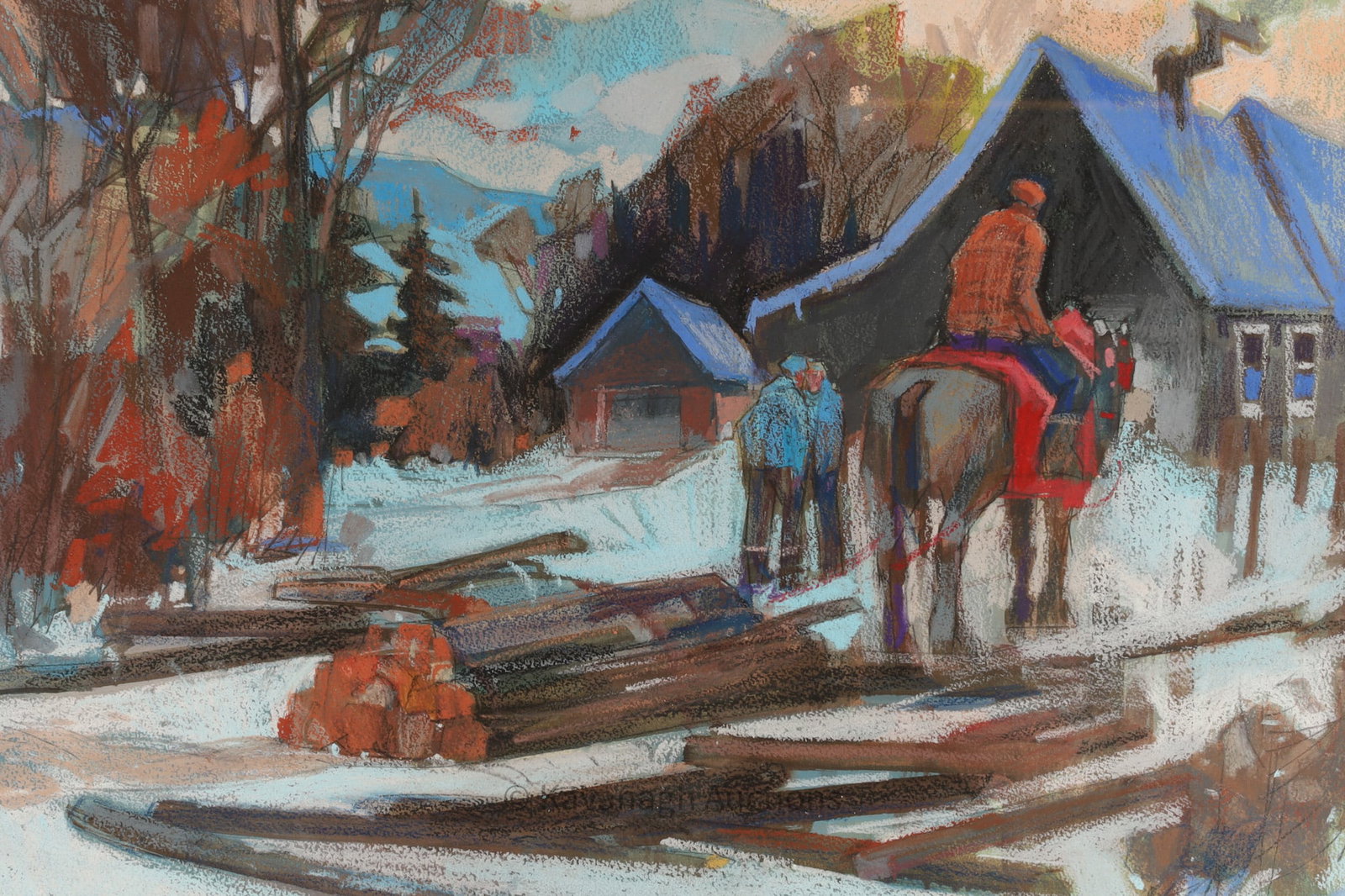 Pierre B. Aslanian (1937– ) Pastel, Quebec Winter Village Scene with Horse and Figures, Framed: A finely executed pastel by Pierre B. Aslanian (1937– ), depicting a winter village scene animated by figures and a horse in a snowy rural setting. Presented in a gilt frame with mat. Detai
