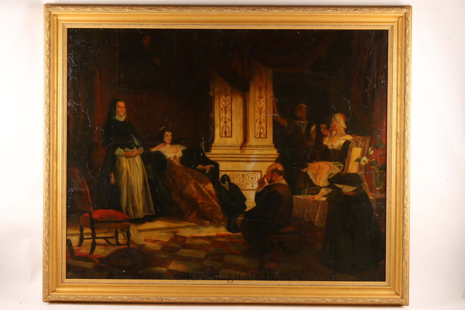 Large 19th C. European Interior Scene Oil Painting, Gentleman and Lady in Domestic Setting: A large-scale 19th century European oil on canvas depicting an intimate interior scene with a seated lady and a standing gentleman within a richly appointed domestic setting. Details Medium: