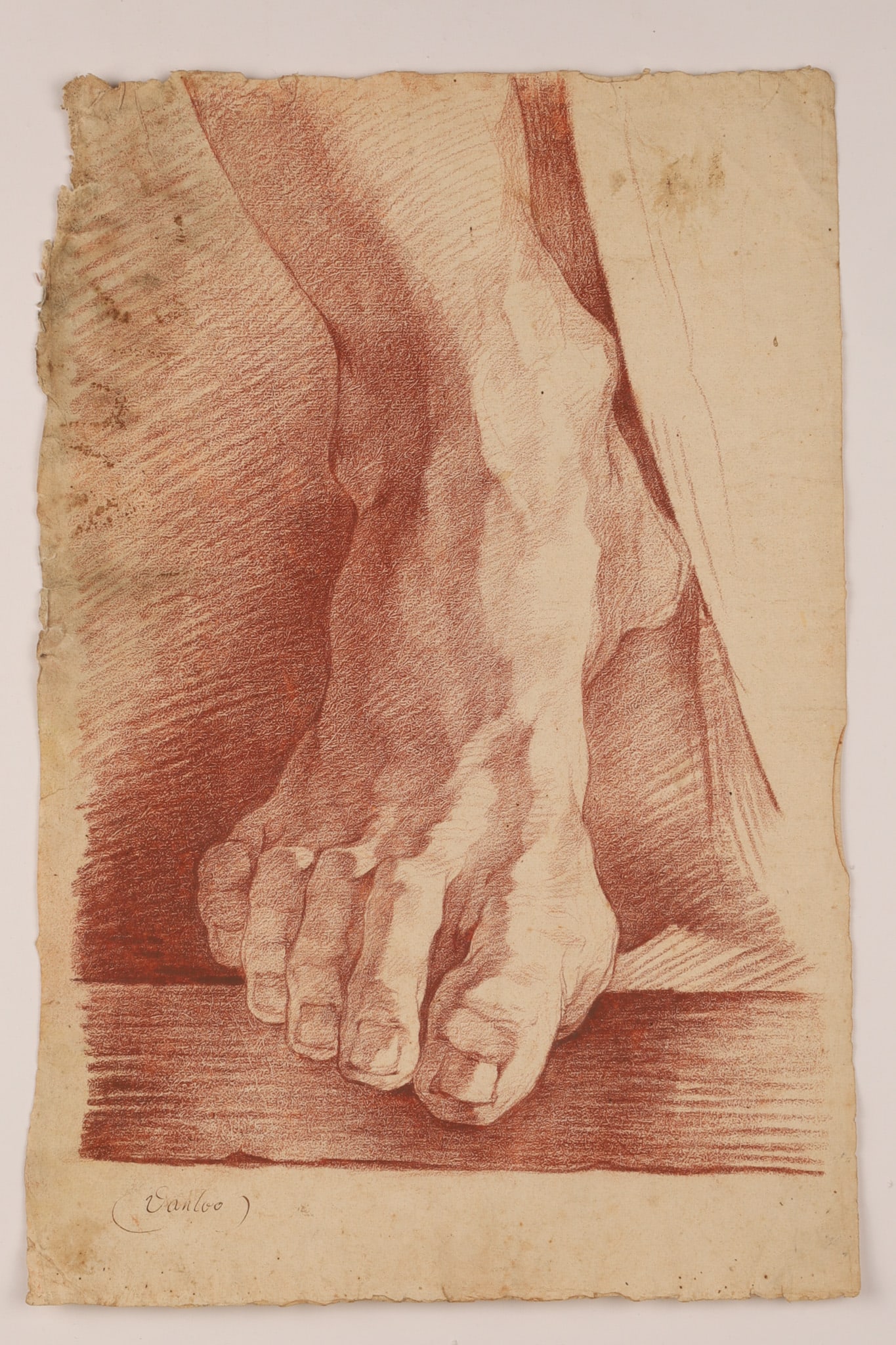 Carle Van Loo (1705–1765), Signed, 18th c. French Sanguine Academy Study of Feet: Study of a Foot Sanguine on laid paper France, mid-18th century A finely executed academic study of a male foot rendered in sanguine on laid paper. The drawing demonstrates confident structural