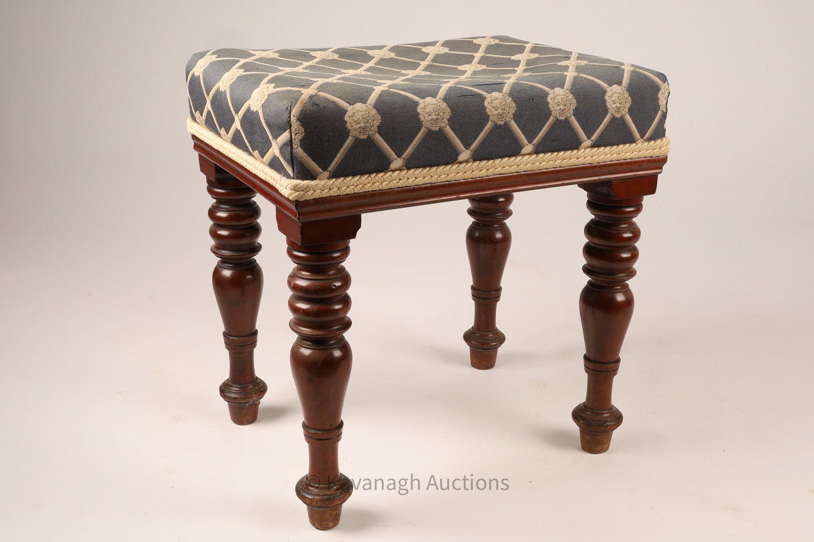 Antique Upholstered Footstool, Turned Wood Legs and Decorative Trim (1 of 3)