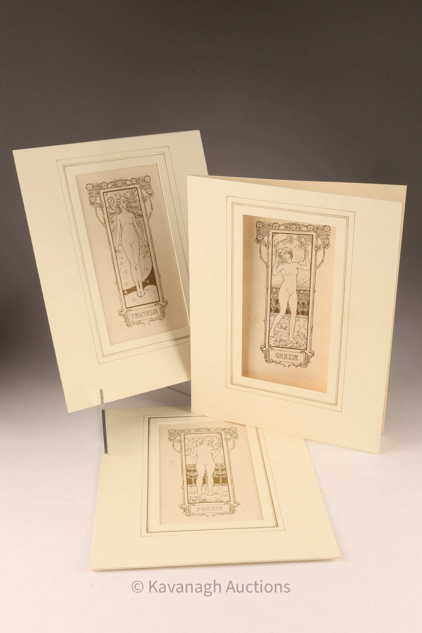 Set of Italian Art Nouveau Female Nudes Lithographs by Alfredo Baruffi: Set of three lithographs by Alfredo Baruffi (Bologna, 1873-1948), a notable Italian painter, illustrator, and engraver associated with the Art Nouveau (Stile Liberty) movement. Titled Grazia, Poesia,