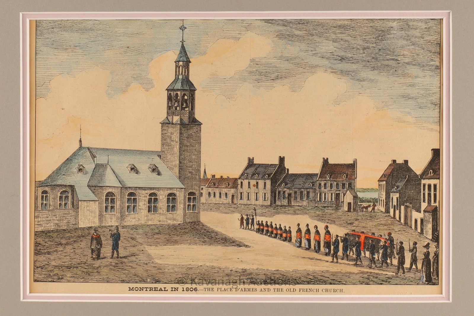 Historical illustration titled Montreal in 1806 - The Place d'Armes: Historical Hand Tinted illustration titled Montreal in 1806 - The Place d'Armes and the Old French Church in Montreal, Canada. From The Canadian Illustrated News, Jan 18, 1879. The print is based on