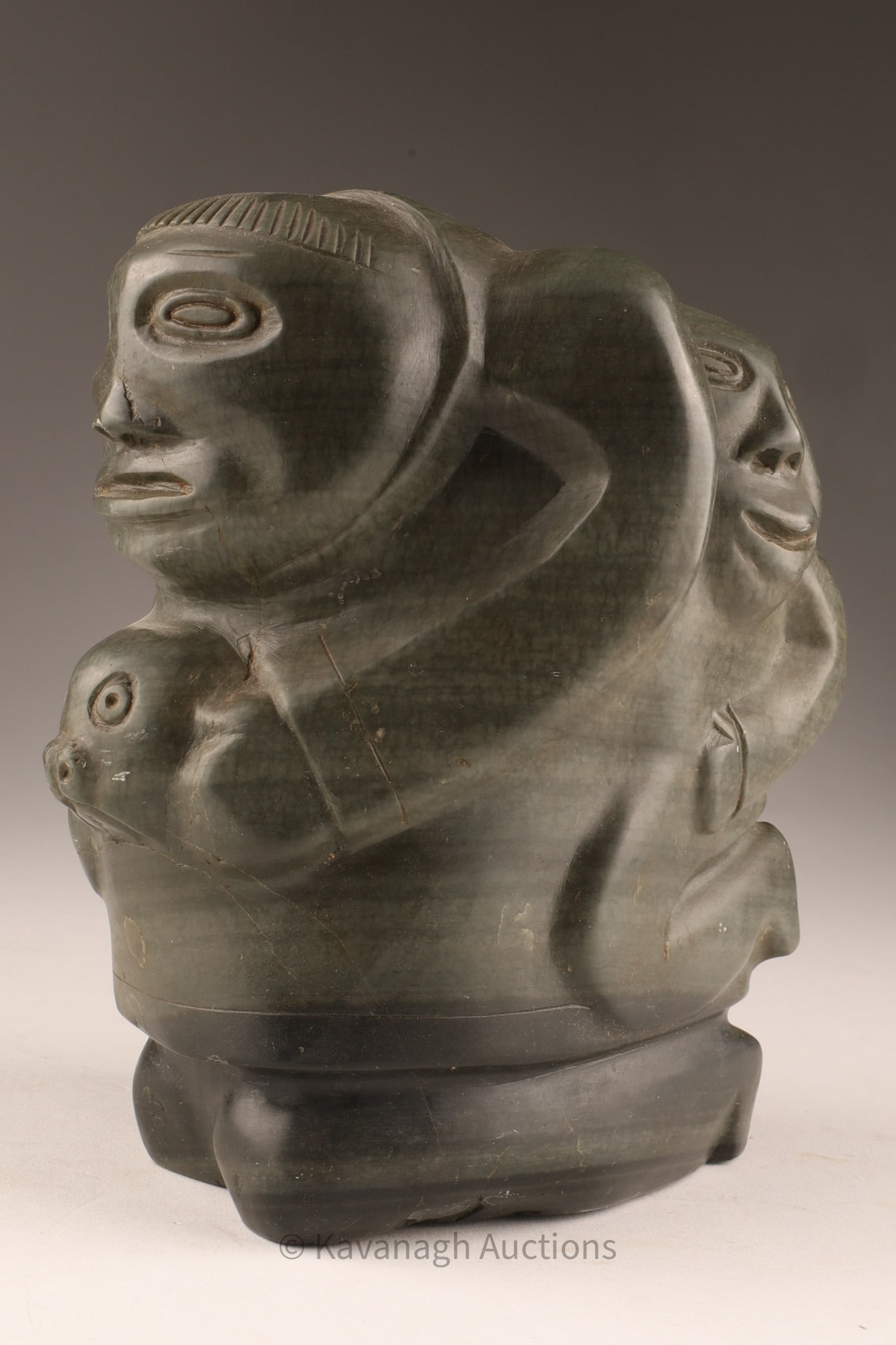 Signed Inuit Soapstone Mother and Child Riding Seal Sculpture (1 of 7)