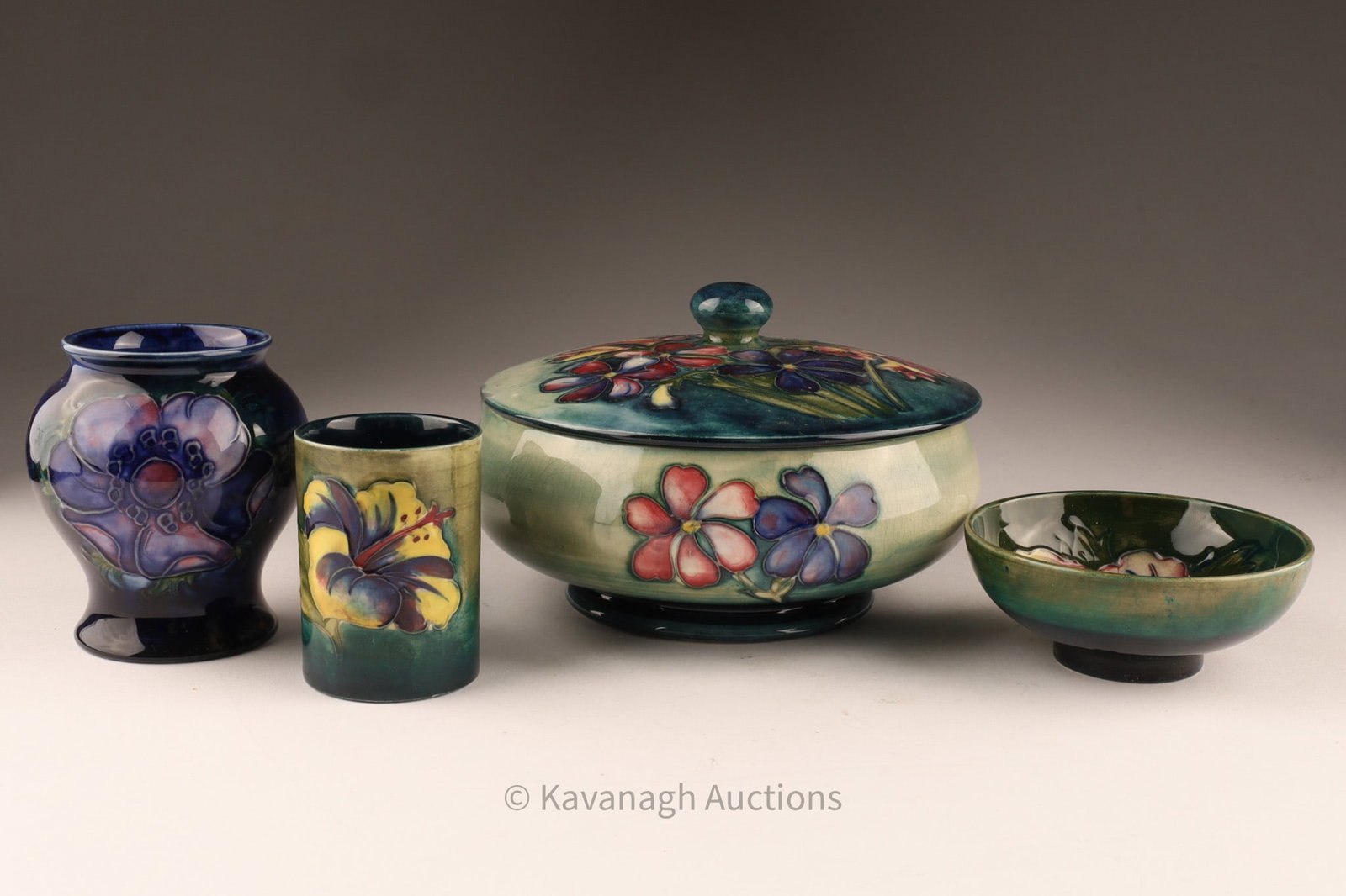 Moorcroft Floral Art Pottery Group, Vase, Lidded Box, Cup and Bowl (1 of 7)