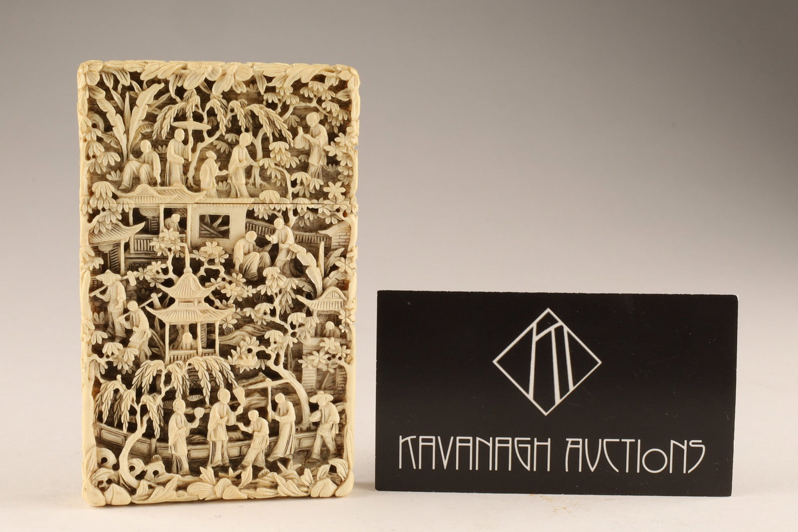Antique Chinese Intricately Carved Card Case, Figural Landscape - 10