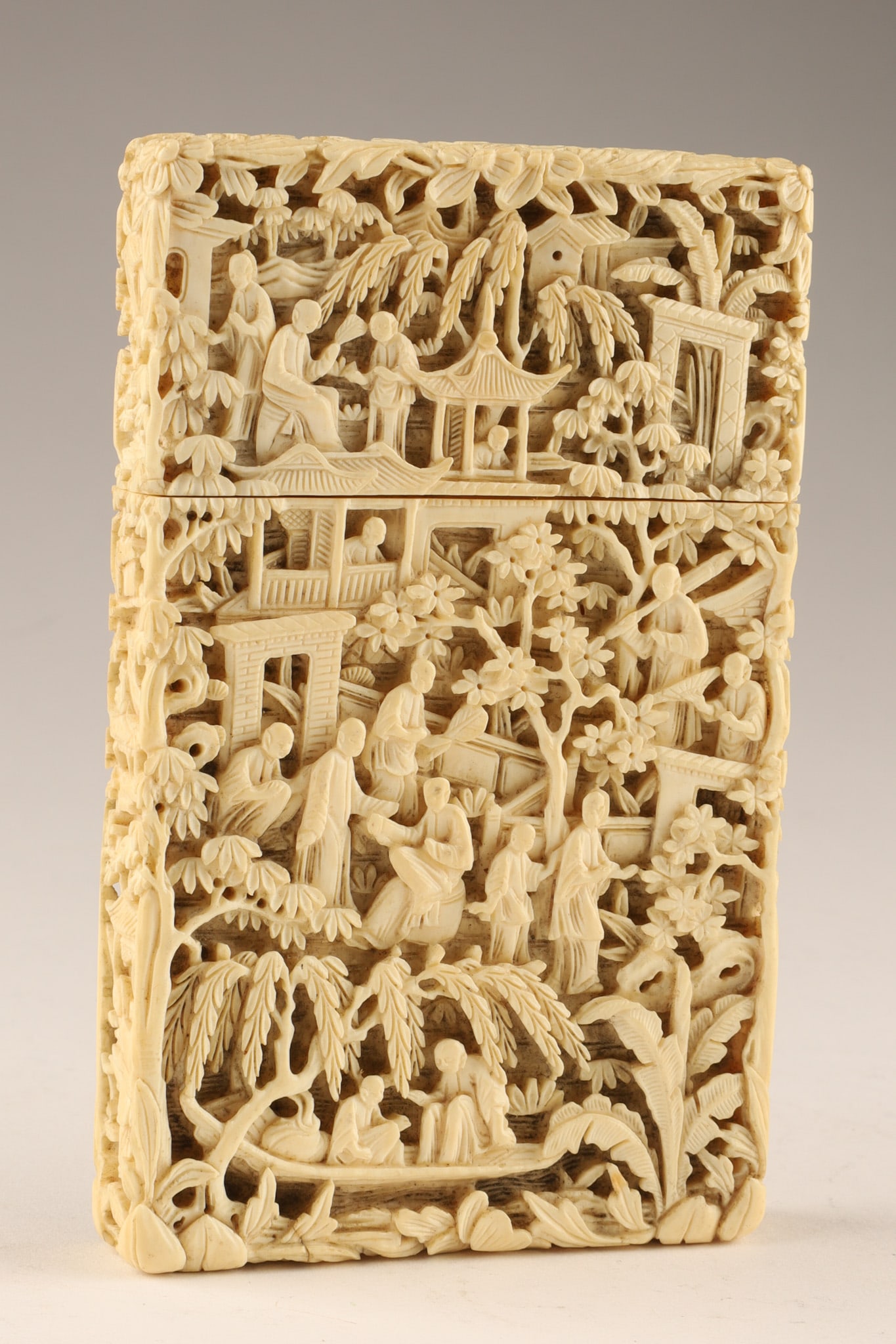 Antique Chinese Intricately Carved Card Case, Figural Landscape