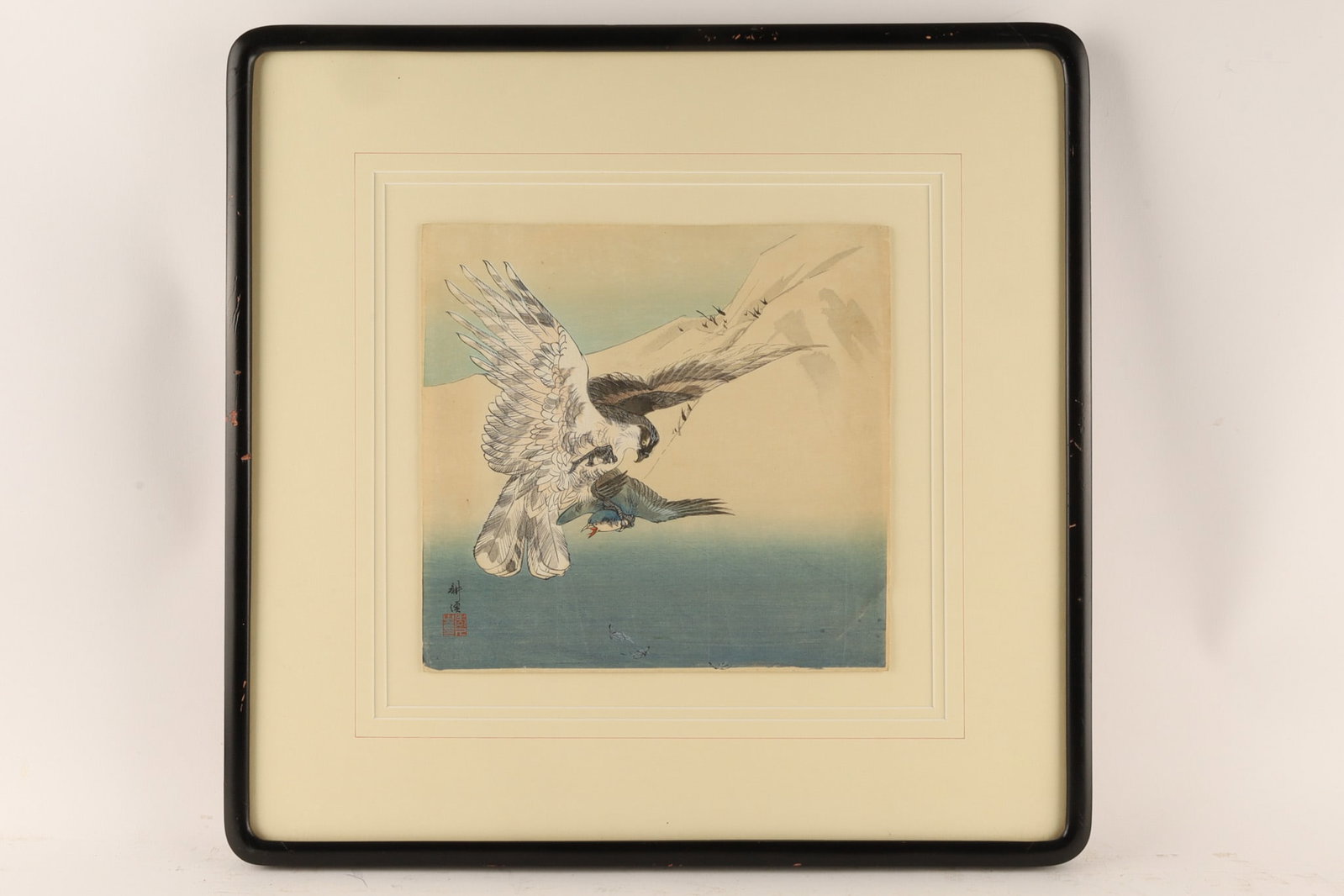 Tsukioka Kogyo (1869-1927) Japanese Woodblock Print, Bird and Flower: Japanese woodblock print from a series by Tsukioka Kogyo (1869-1927) appearing in the book Kogyo Kachogacho. Tsukioka Kogyo (1869-1927) was a Japanese ukiyo-e artist. He was a disciple of Tsukio