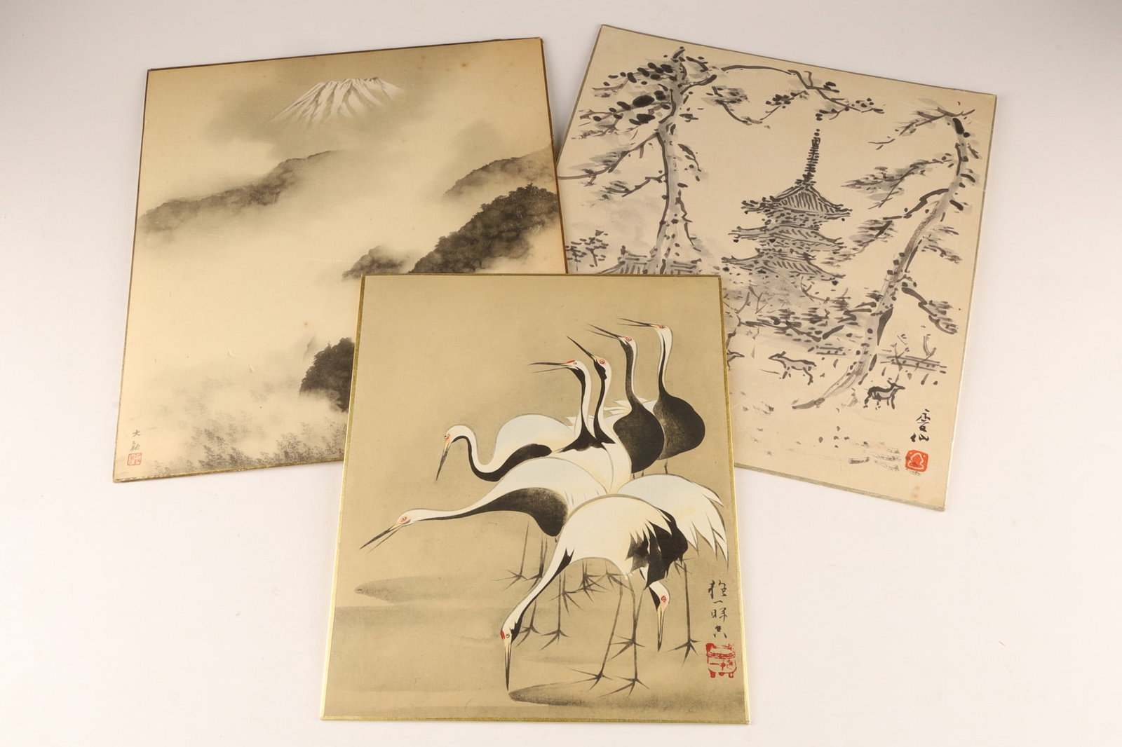 A Collection of Japanese Ink Wash Paintings, Landscapes, Pagodas, Cranes (1 of 7)