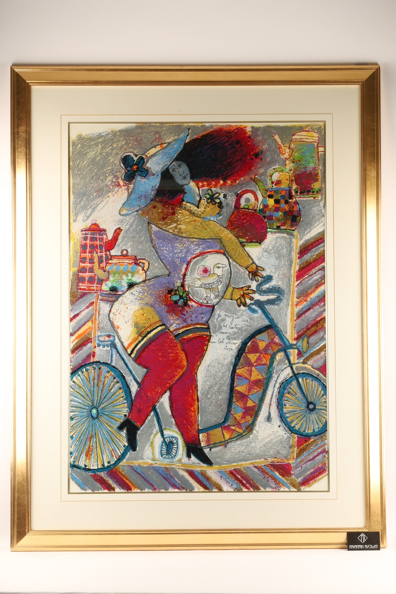 Theo Tobiasse Large Photolithograph Je navigue sur les routes comme un bel oiseau ivre: A large colour lithograph by the French-Israeli artist Theo Tobiasse (1927-2012). It is titled Je navigue sur les routes comme un bel oiseau ivre (I navigate the roads like a beautiful drunk bird), cr