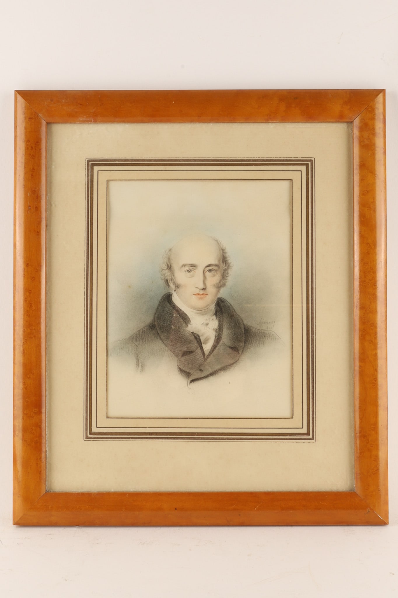 James Anthony Minasi (1776-1865) Mixed Media on Paper, Portrait of a Gentleman: James Anthony Minasi (1776-1865) Pastel and Watercolour on Paper, Portrait of James Anthony Masurel. Housed in a bird's eye maple frame. James Anthony Minasi (1776-1865) was an Italian-born arti