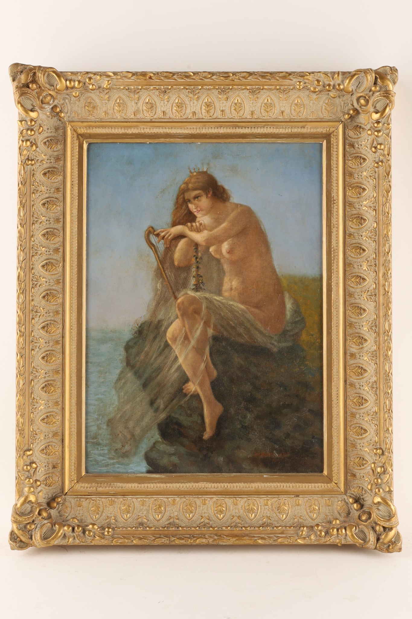 Deak Ebner Lajos (Hungarian 1850-1934), Oil on Board Mythological Scene, the Siren Lorelei: Deak Ebner Lajos (Hungarian 1850-1934), Oil on Board Mythological Scene, the Siren Lorelei. Painted after W. Kray depicting the scantily clad siren, Lorelei seated among rockwork, a lyre beside her. S