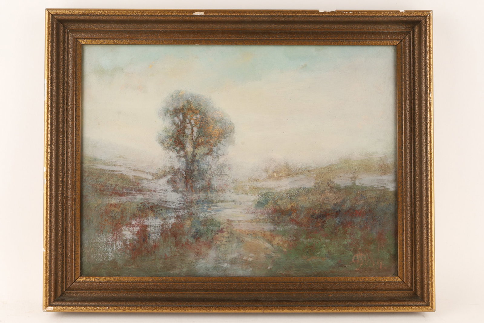 Ethereal Impressionist Painting of a Country Landscape Signed: An ethereal landscape painting in the Impressionist style, characterized by soft, hazy light and a central tree near a body of water. Signed lower right in red. Dimensions: 13.5 inches H x 17.5 