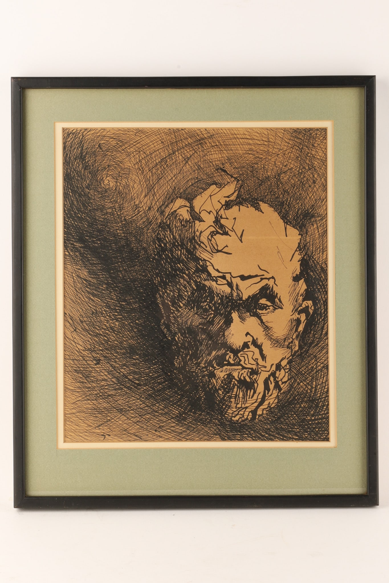 1940s Ink Pen Drawing Expressionist Man Portrait: A framed sketch or pen drawing depicting a close-up, dramatic portrait of a person's face. It features intense shading and detailed line work, creating a textured, almost surreal appearance. Annotatio