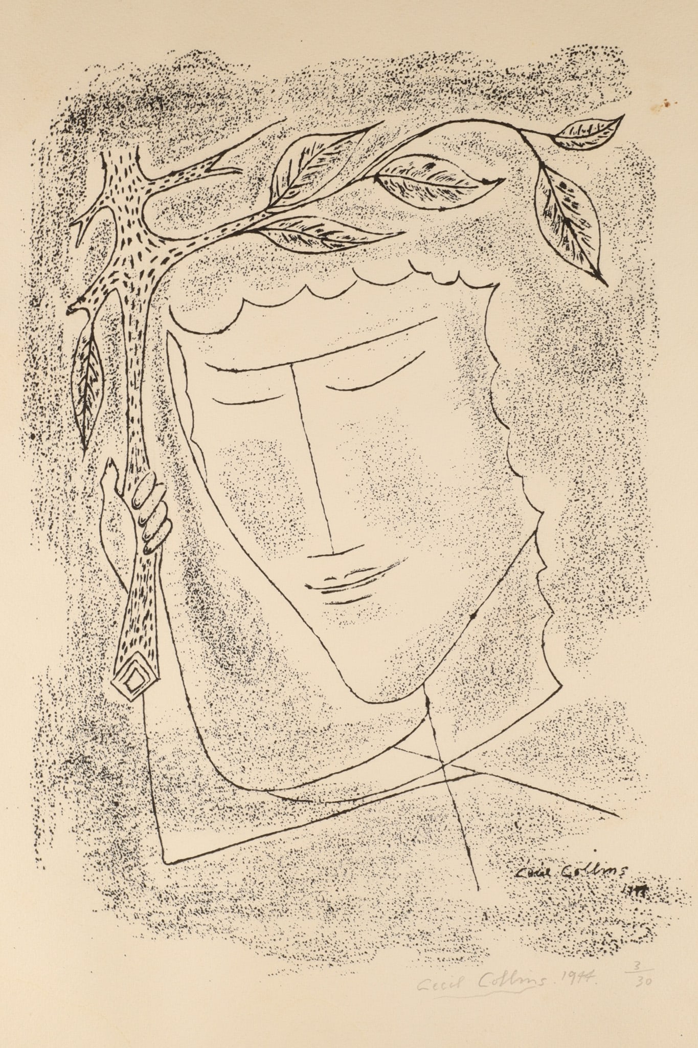 Cecil Collins (1908-1989), Surrealist Lithograph, Head, Signed and Numbered, 1944: Cecil Collins (British, 1908-1989), Surrealist Lithograph, Head, Signed and Numbered, 1944 Date: 1944 Medium: Lithograph on wove paper Edition: 3/30 Signature: Signed in plate; signed and dated in pen