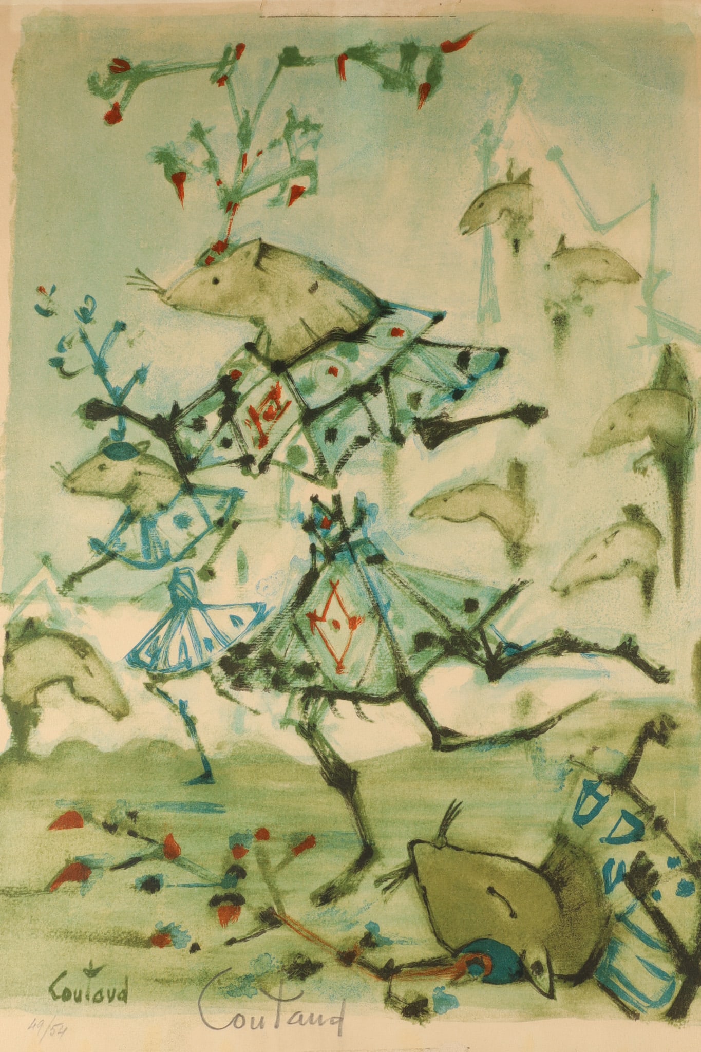 Lucien Coutaud 1966 Signed Colour Wood Engraving, La Danse des Rats, 49/54: Colour wood engraving on wove paper depicting anthropomorphic rats and small beasts in a theatrical procession, rendered in Lucien Coutaud’s distinctive surrealist-symbolist manner. Signed in pencil