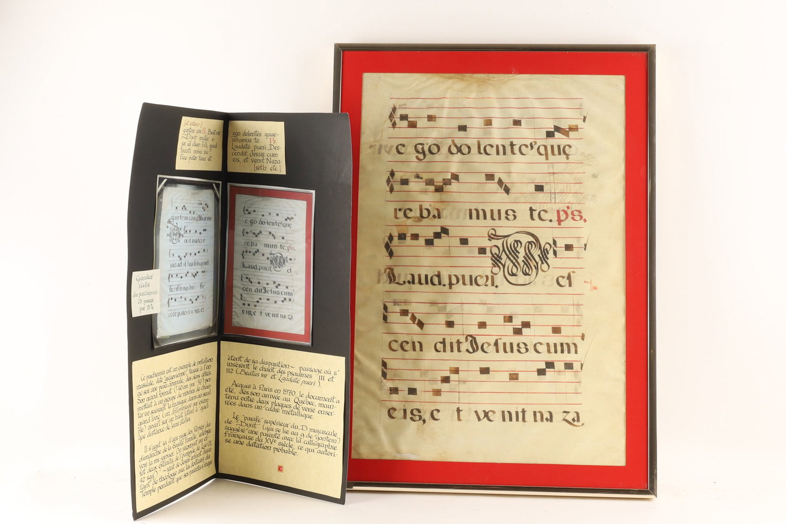Antique Gregorian Illuminated Manuscript Antiphonal Leaf Chant: A double sided illuminated manuscript antiphonal leaf, a type of oversized sheet music used in medieval and early modern church services. These leaves were typically handcrafted by monks on vellum (pr