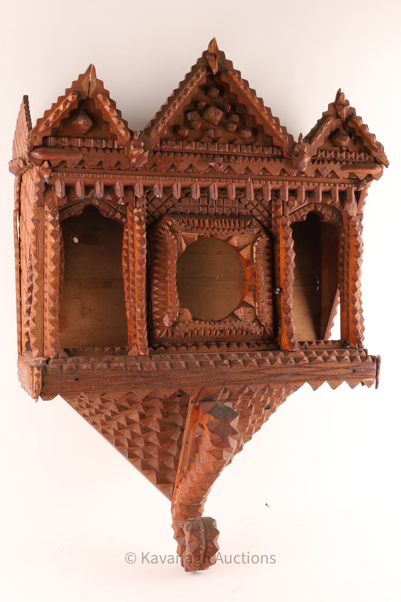 Antique Tramp Art Folk Carved Wooden Wall Cabinet Niche, early 20th c. (1 of 12)
