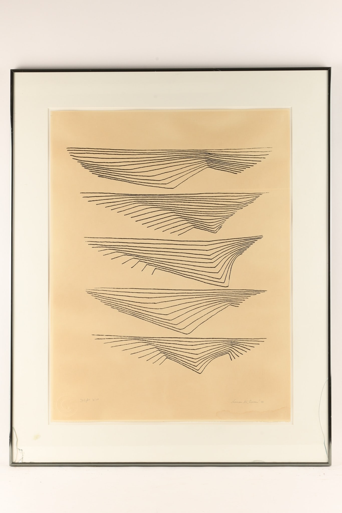 Norman McLaren (Scottish/Canadian, 1914 - 1987) Serigraph, Flight, 3/100 1968: Serigraph artwork by artist Norman McLaren (Scottish/Canadian, 1914 - 1987) titled Flight, edition number 3/100, signed and dated lower right, 1968. Featuring abstract, linear feathered or winged shap