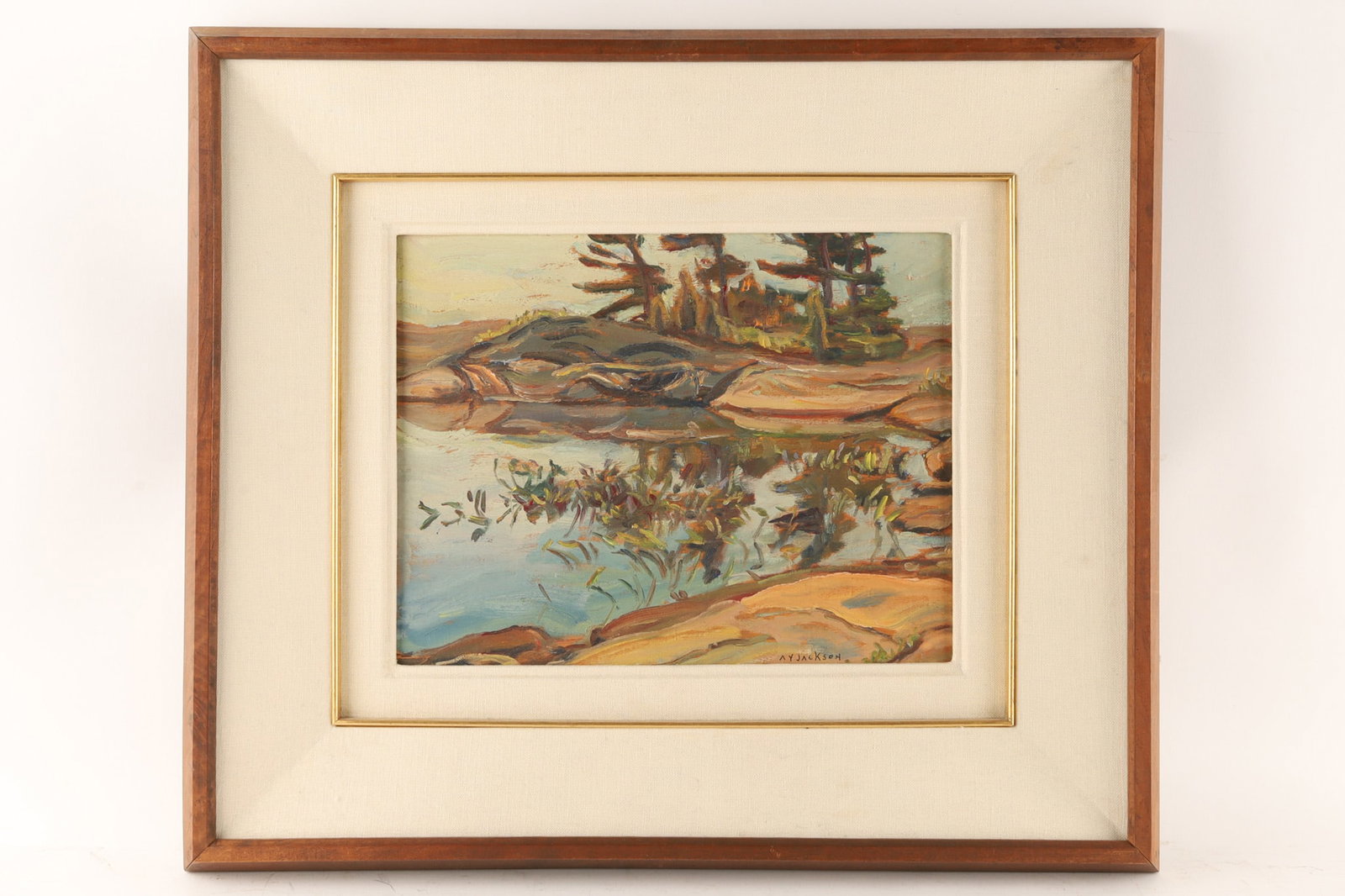 A.Y. Jackson (Canadian, 1882-1974) Oil on Panel, Georgian Bay Landscape, Double-Sided: An oil on panel painting of Georgian Bay by Canadian artist A.Y. Jackson (1882-1974). With a signature in the lower right corner, in keeping with plein air sketches by Alexander Young (A.Y.) Jackson. 