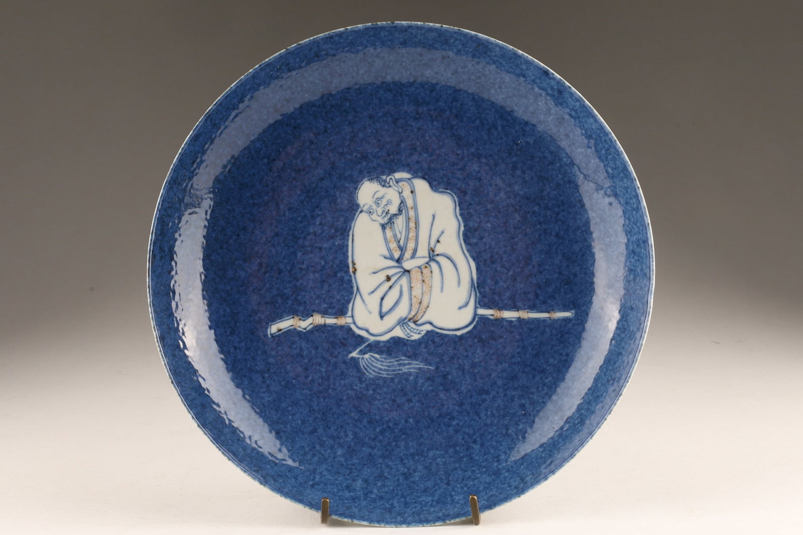 Chinese Powder Blue Ground Blue and White Budai Dish (1 of 8)