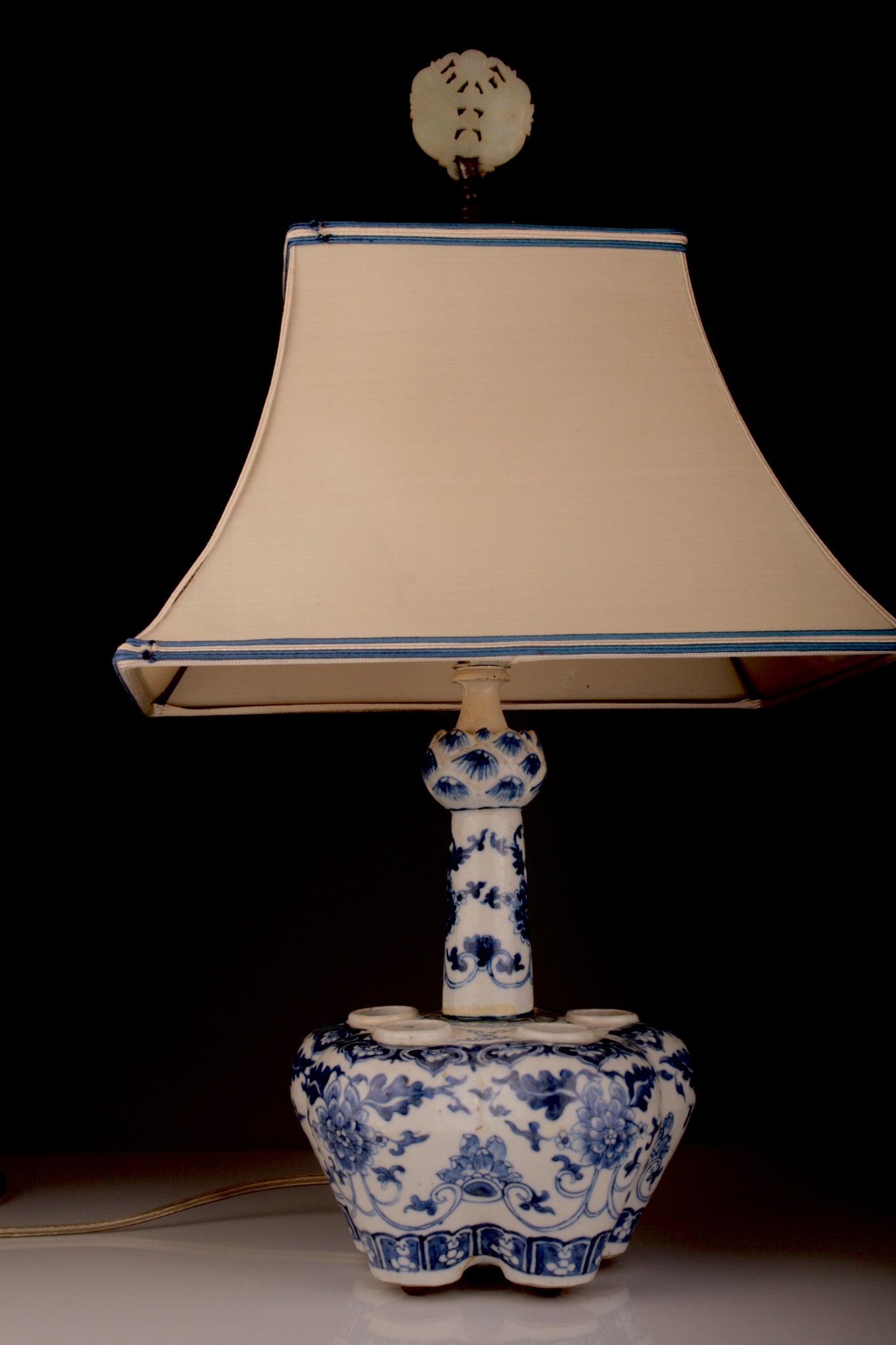 Antique Chinese Blue and White Porcelain Tulip Vase Lamp with Carved Jade Finial (1 of 13)