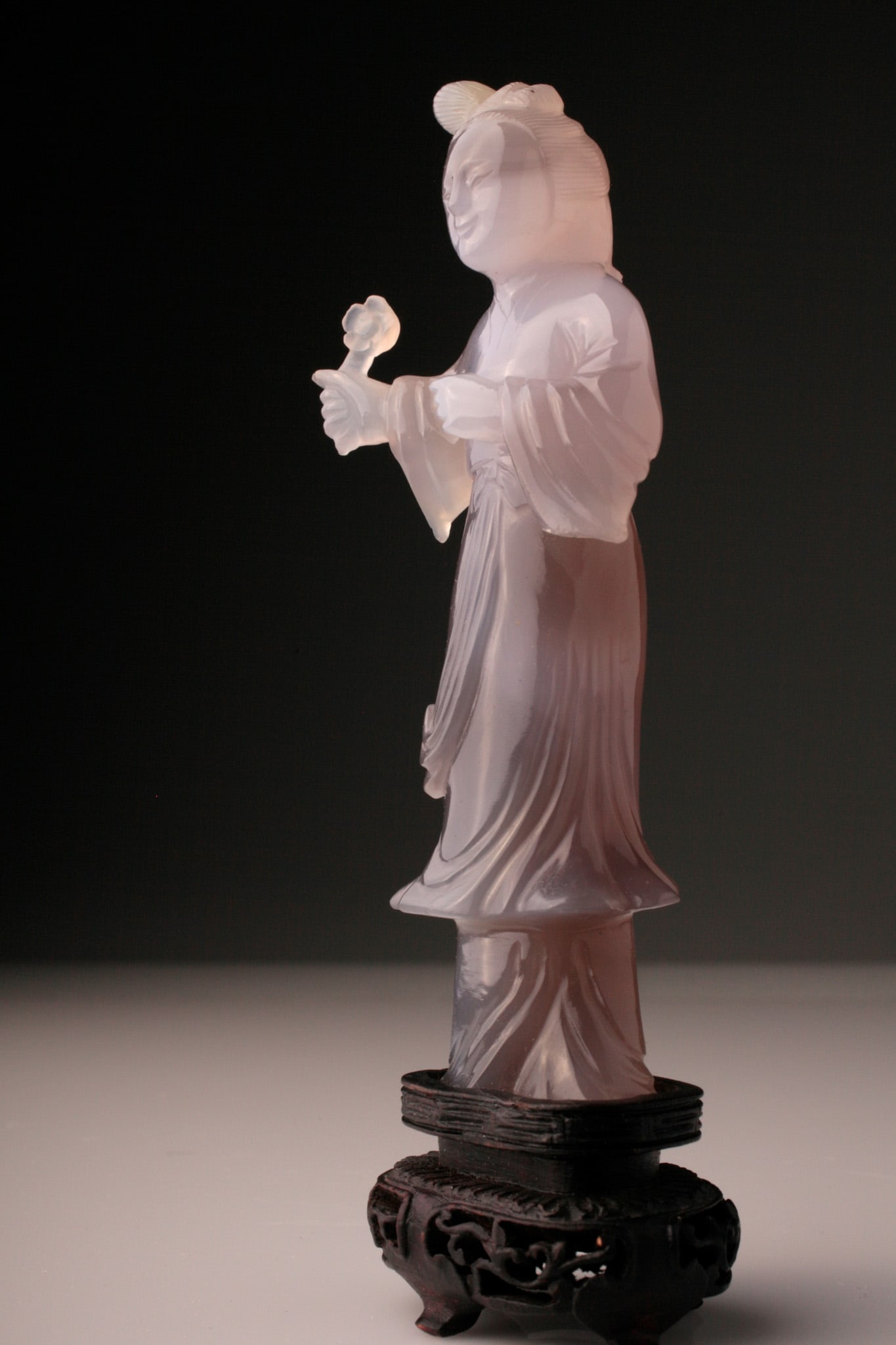 Chinese Carved Lavender Chalcedony Agate Court Lady Figure, Hardwood Stand (1 of 11)