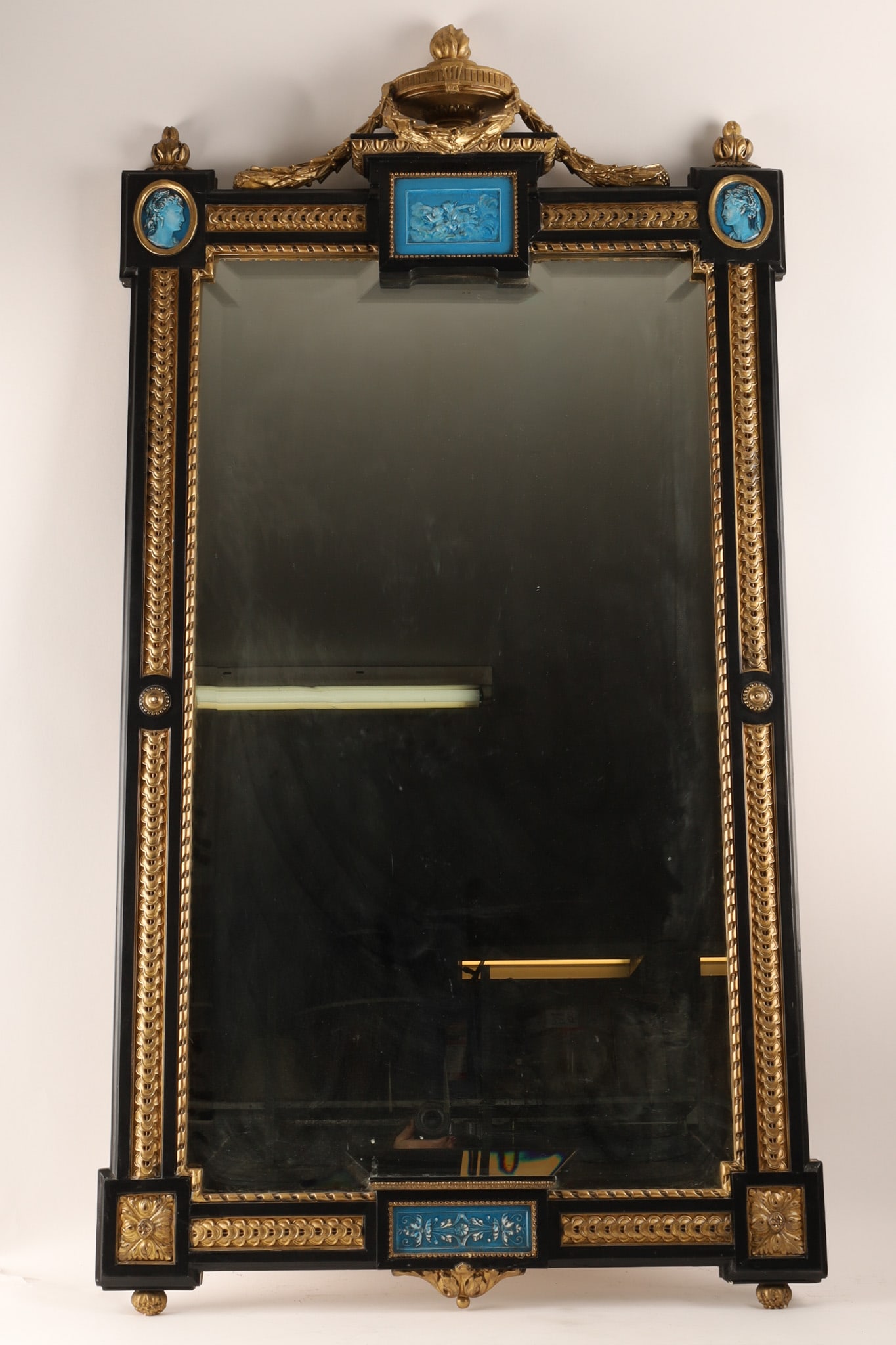 Antique Neoclassical Black and Gilt Wall Mirror with Wedgwood Style Jasperware Plaques (1 of 11)