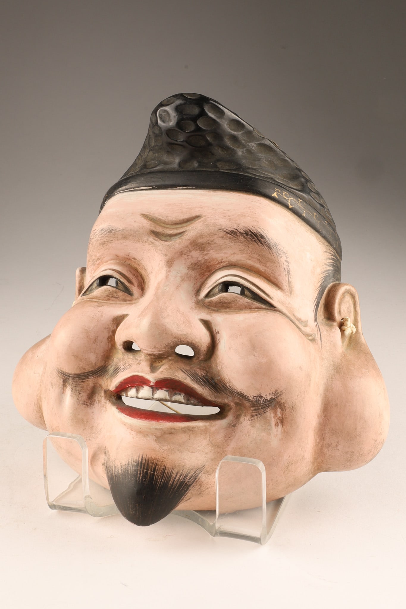 Japanese Noh No Theater Mask God Ebisu Fortune Signed: Japanese antique hand carved and laquered on wood Kyogen or Noh theatre mask representing Ebisu, one of the seven gods of fortune, and often portrayed as the guardian deity of the Tendai sect on Mount