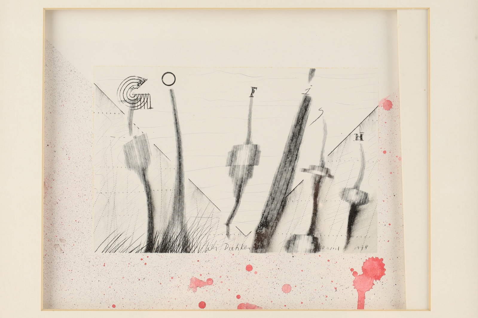 GO FISH Mixed Media Abstract Surrealist Composition Signed Style Jim Dine: A mixed-media work featuring abstract, spindly figures under the letters spelling out GO FISH. It features fine black line work against a textured background with bright pink or red ink splatters. Sig