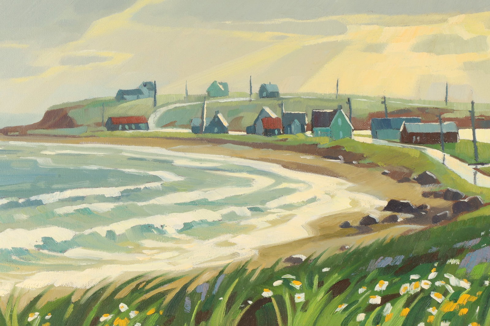 Gilles Cote dit St-Gilles (Canadian, b. 1956) Oil on Canvas, Lumiere Sur La Greve: Gilles Cote dit St-Gilles (Canadian, b. 1956) Oil on Canvas, Coastal Landscape titled Lumiere Sur La Greve, Light on the Shore 1992. Depicting a coastal landscape typical of Eastern Quebec, capturing 