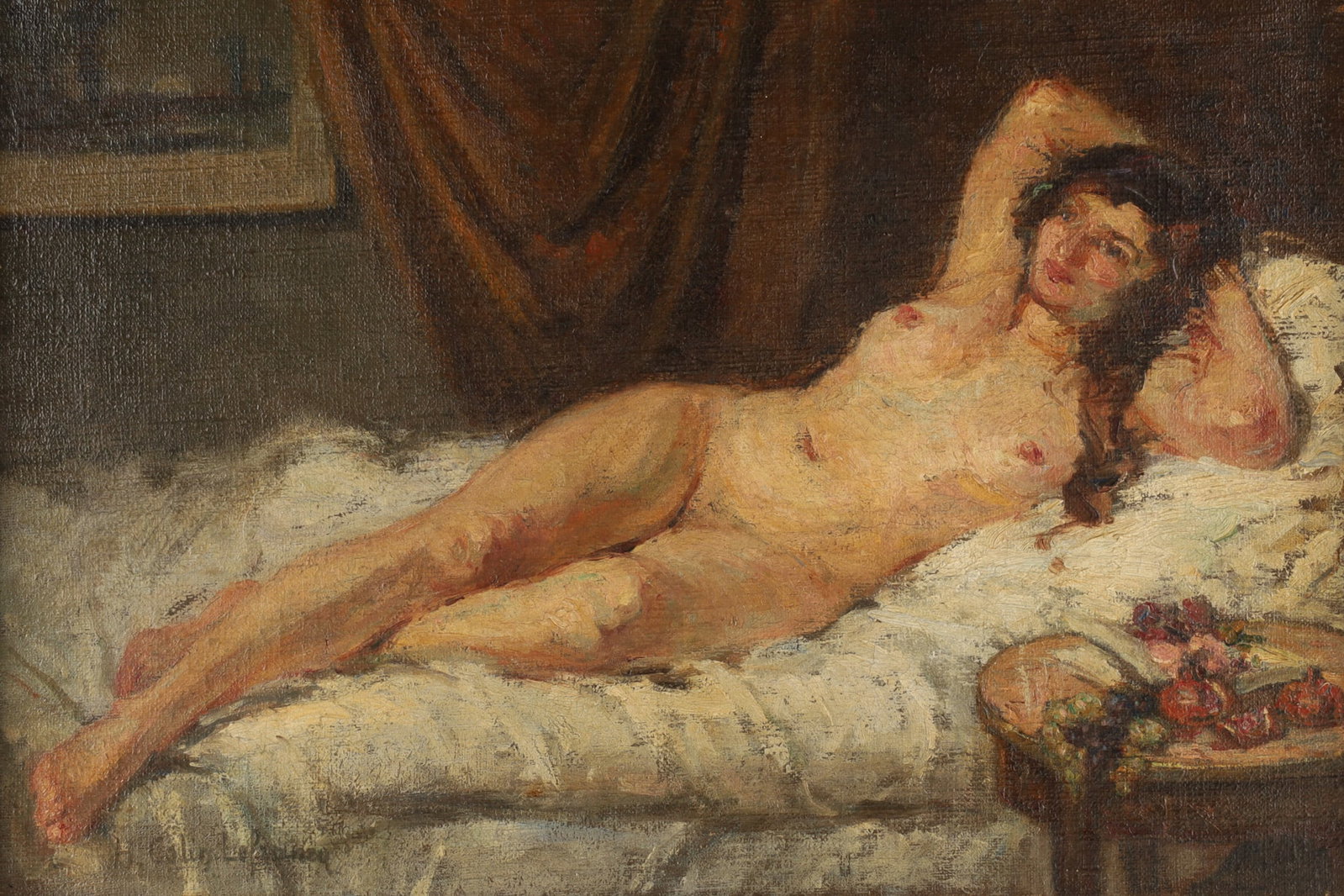 Impressionist Oil on Canvas, Reclining Female Nude, Signed: An Impressionist oil on canvas painting depicting a reclining female figure and signed by the artist in the lower right corner. Signature reads H. Colin Lafra... Dimensions: Canvas measures 15 i