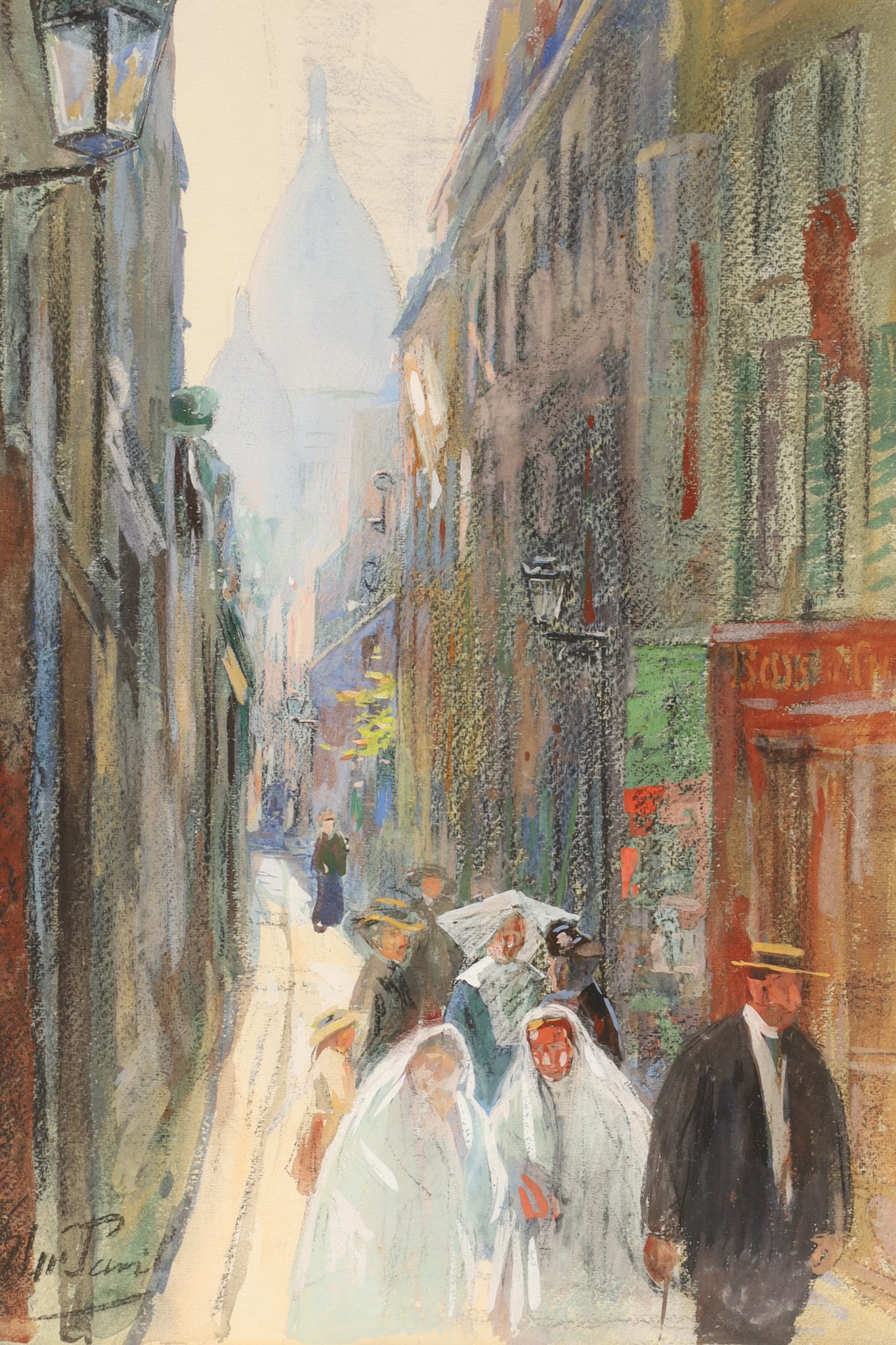 Elie Anatole Pavil (1873-1948) Impressionist Montmartre Paris Mixed Media Street Scene, signed: Elie Anatole Pavil (French, 1873-1948). Mixed media (pastel and watercolor) on paper, signed lower left. Atmospheric view of a winding Montmartre street animated by figures beneath the silhouette of S