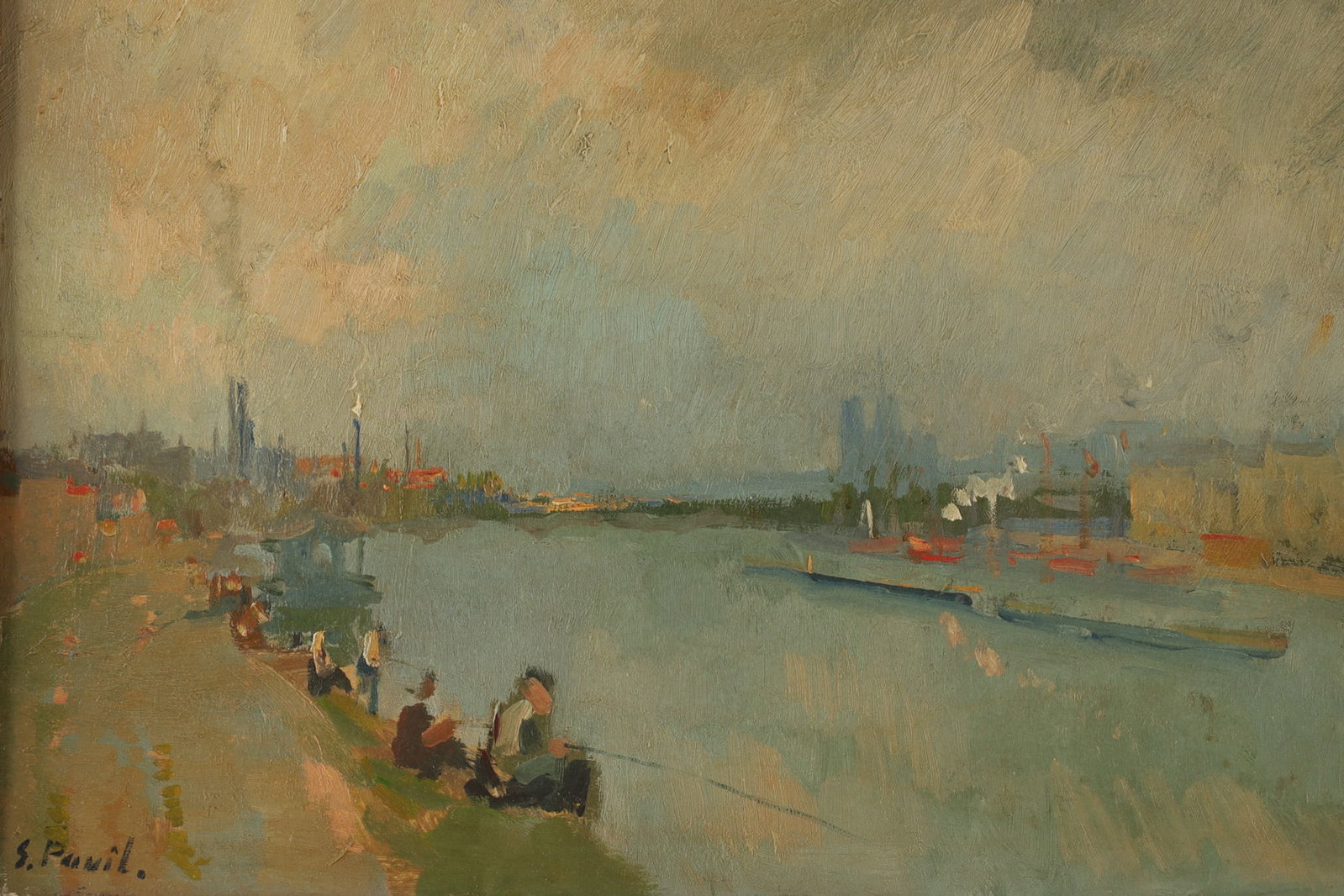 Elie Anatole Pavil (French, 1873-1948) Impressionist Landscape, Harbour Scene: Elie Anatole Pavil (French, 1873-1948), an Impressionist oil on Panel landscape depicting a harbour scene with boats, a quay, and figures fishing in the foreground, capturing the soft play of natural 