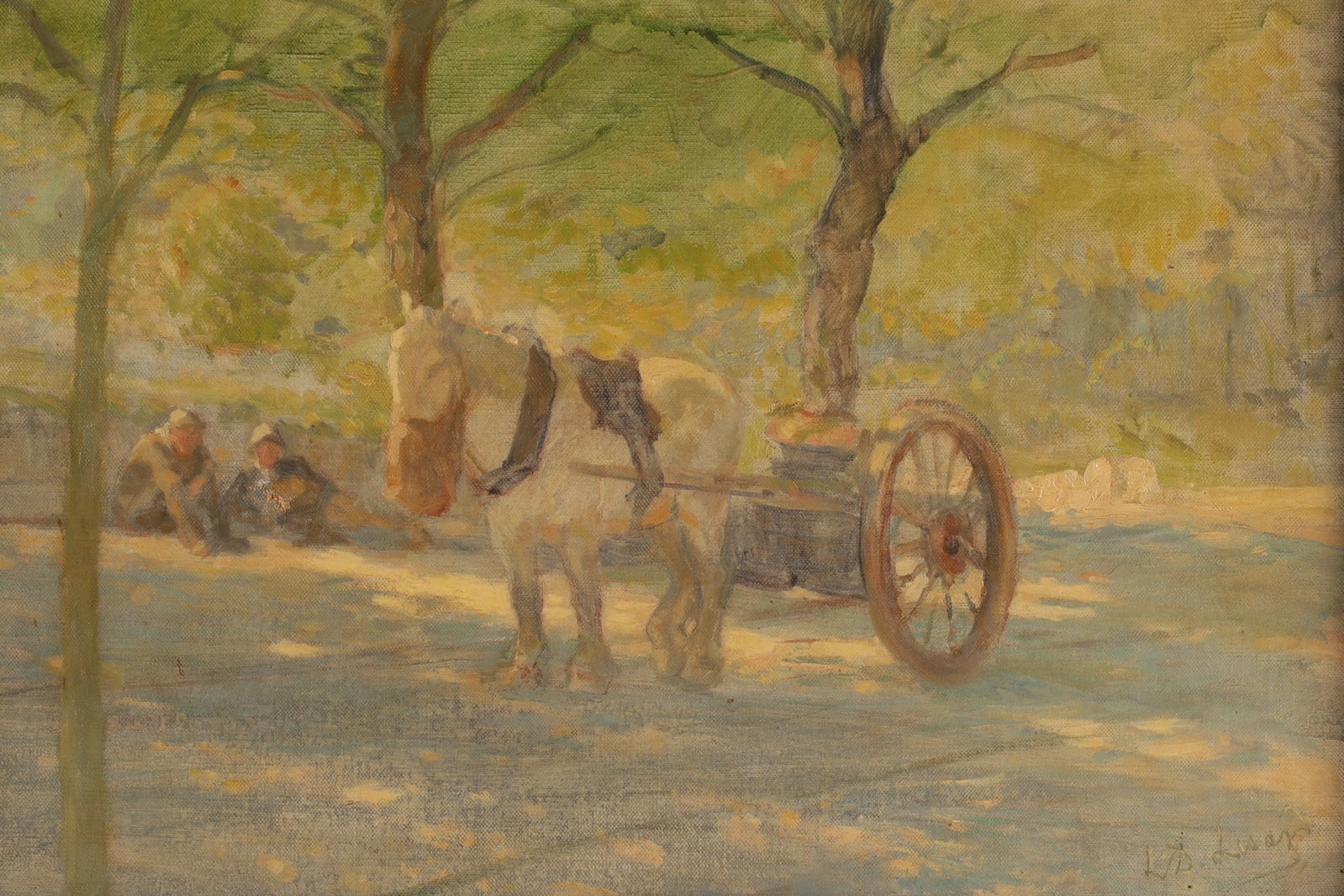 Lowes Dalbiac Luard (British, 1872 -1944), Sunday Best, impressionist oil painting: An Impressionist oil painting on canvas by Lowes Dalbiac Luard (British, 1872 -1944), singed bottom right, depicting a horse carriage in a park passing by onlookers, measuring 12.5 x 17.75 inches, fra