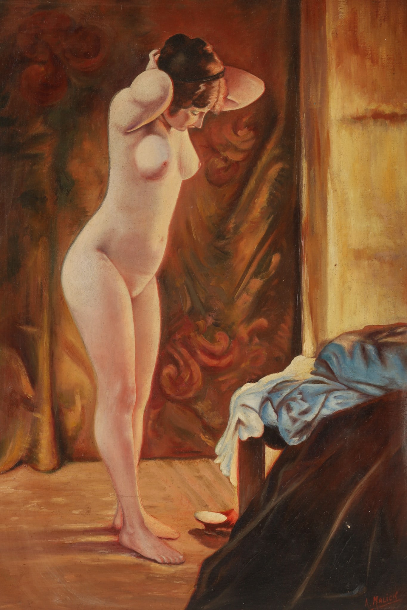 Academic Nude Interior Painting, Signed A. Malick, 20th C.: Academic nude depicting a standing female figure in a softly lit interior, captured in a moment of quiet intimacy. The composition draws on classical studio traditions, with careful attention to form 