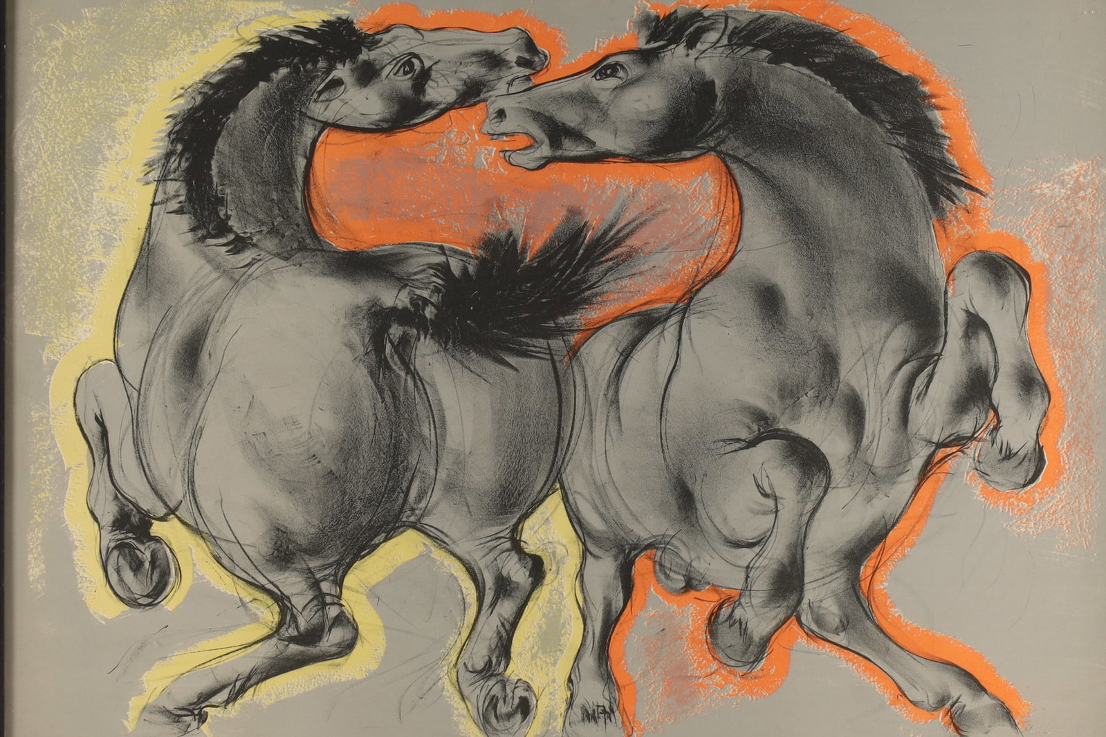 Hans Erni (Swiss, 1909-2015) Horses Colour Lithograph on Paper 1993: Hans Erni (Swiss, 1909-2015) Horses Colour Lithograph on Paper 1993, featuring grey and black horses contrasted against vibrant yellow and orange accents on a grey background. Dimensions: 19 inches H 