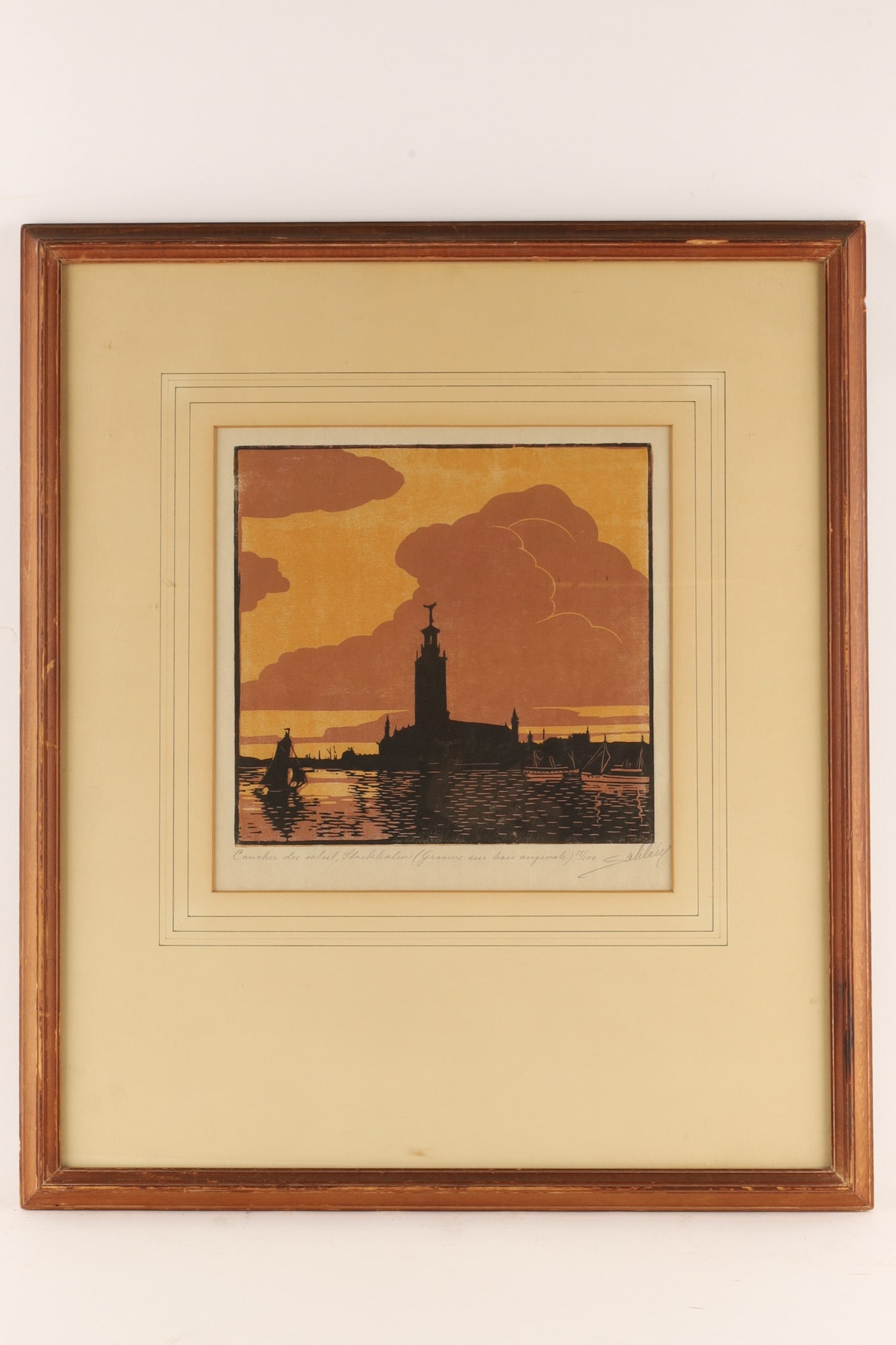 Ahmed Sahleny Coloured Engraving of a North African Harbour at Sunset: a hand-signed, limited-edition engraving by the French-Algerian artist Ahmed Sahleny The artwork features a warm, earthy-toned landscape depicting a North African or Middle Eastern city skyline with a