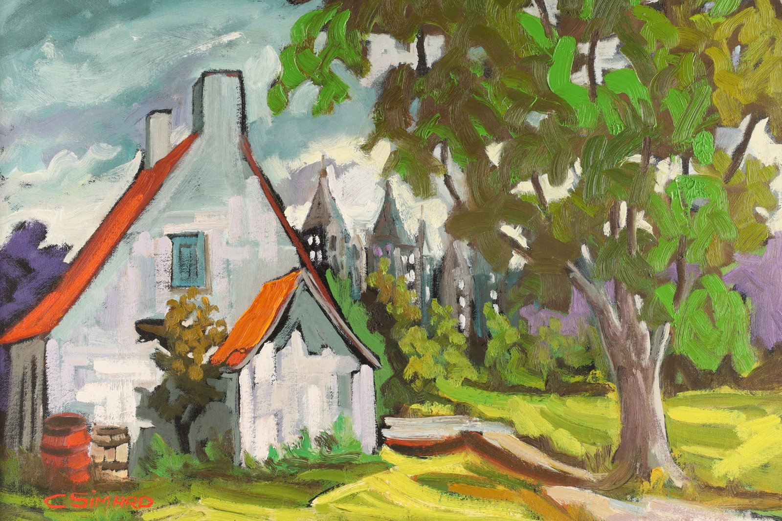 1999 Claude Simard (Canadian, 1932-2005) Oil on Canvas, Maison a Beauport: An oil on canvas titled Maison a Beauport, created in 1999 by the Canadian artist Claude Simard (1932-2005). Signed in red, lower left, annotated with title and further information on reverse. Claude 