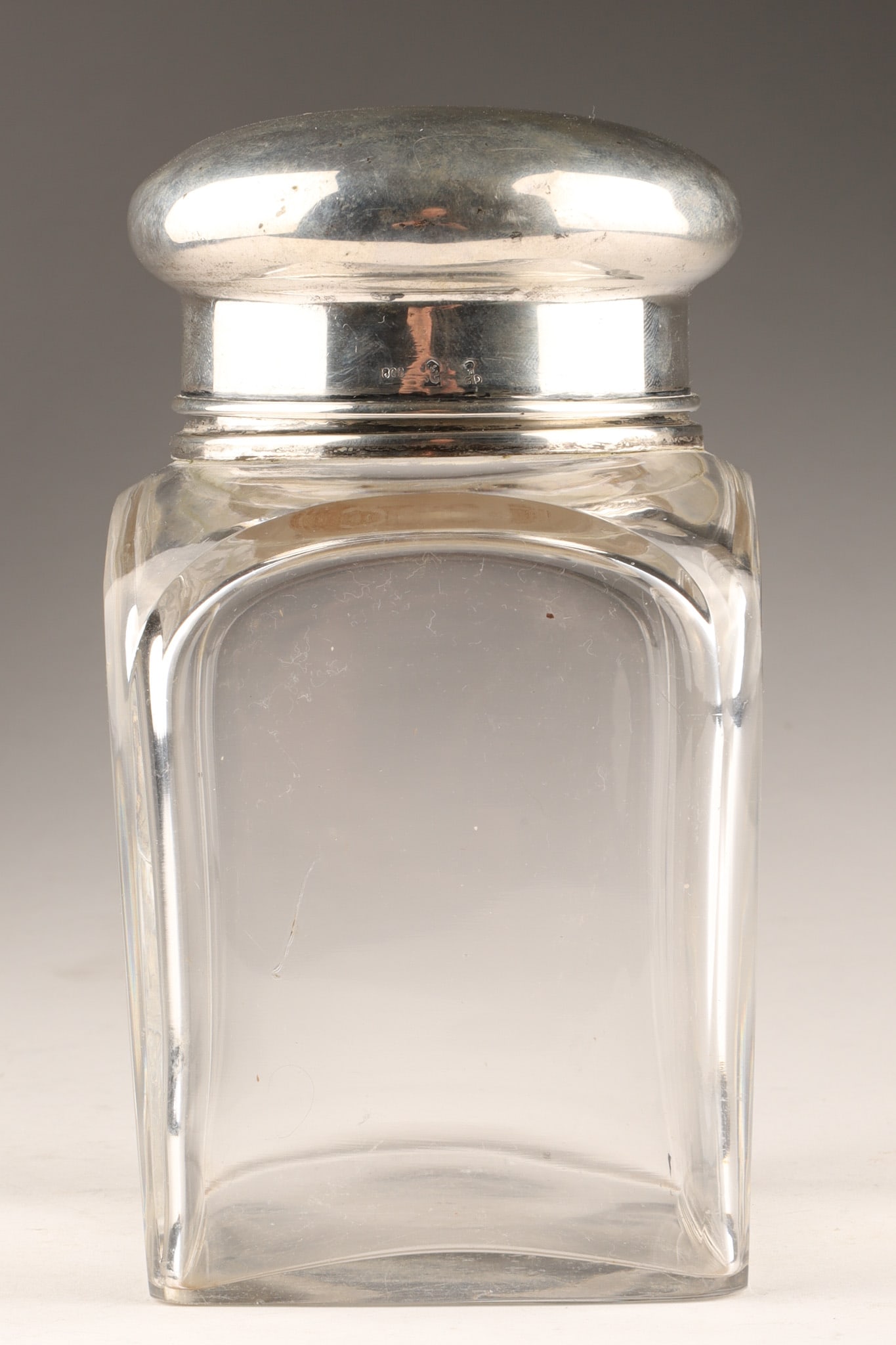 Antique Germany 800 Silver and Glass Jar, Gebruder Buch: Antique Late 19th / Early 20th C Germany 800 Silver and Glass Jar, Gebruder Buch. Hallmarked 800, with Rampant Unicorn and stamp GBE, for Gebruder Buch. Silver lid and collar. Dimensions: 6 inches H x