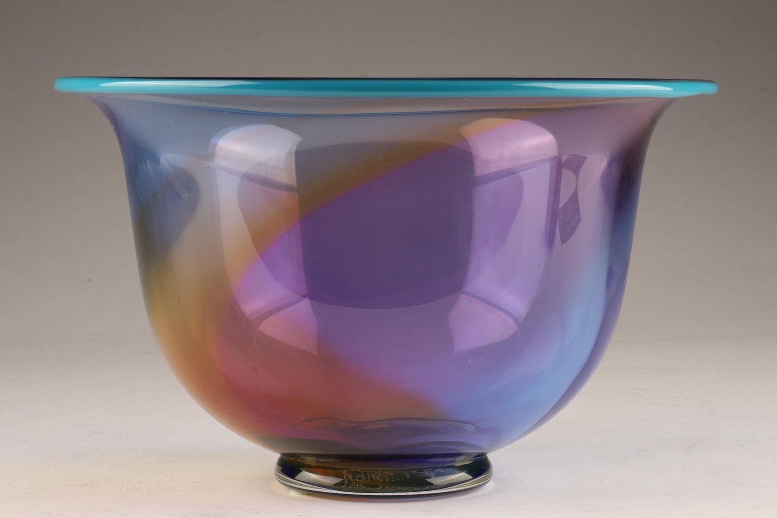 Swedish Handblown Art Glass Rainbow Bowl Transjo Hytta W.R.C. Signed: A multi-coloured rainbow bowl signed with the initials W.R.C., representing the collaborative design team of Ann Wolff (Warff), Jan-Erik Ritzman, and Sven-Ake Carlsson. Dimensions: 5 inche sH x 8 W.