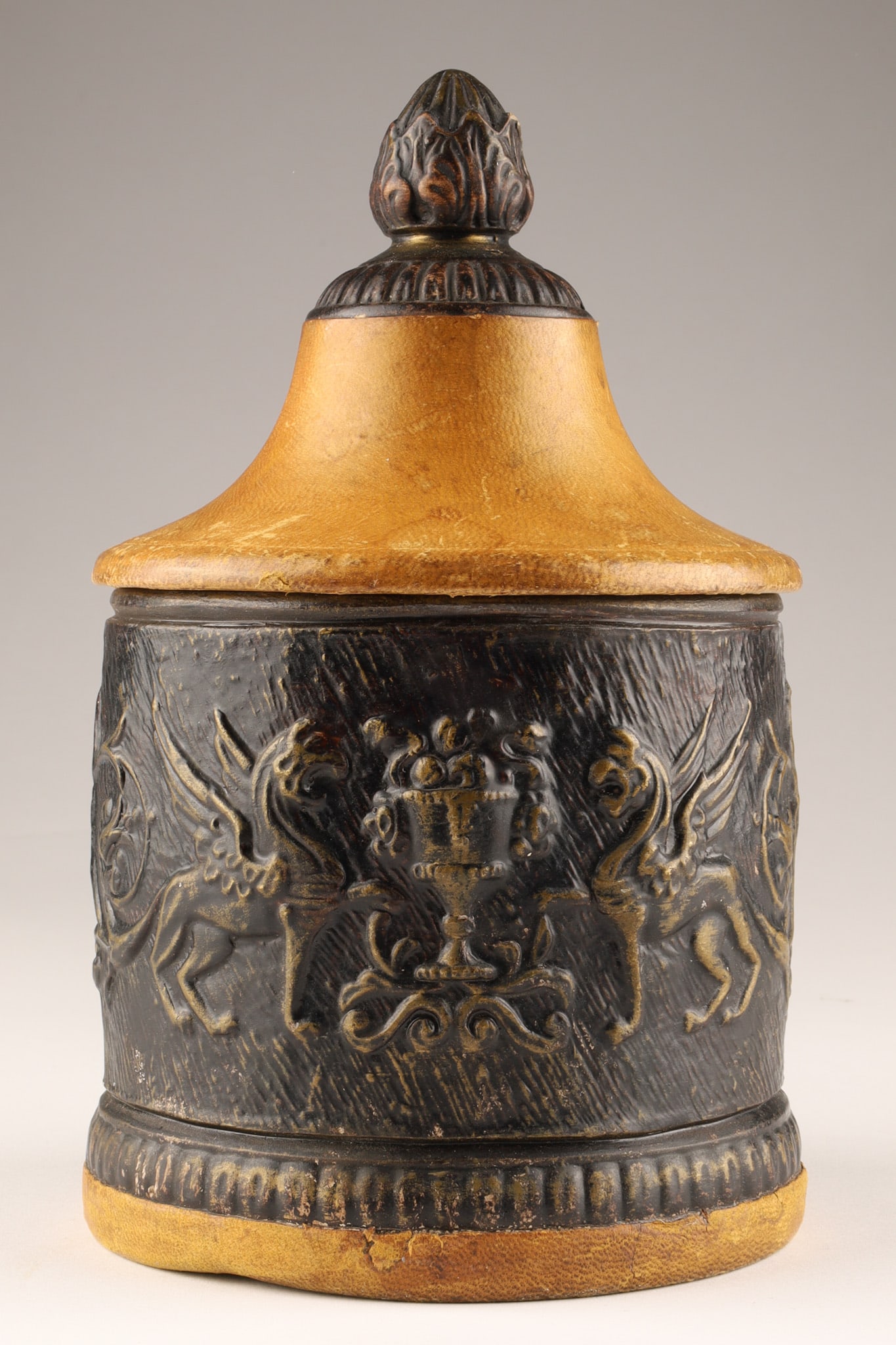 Italian Tobacco Humidor, Pottery With Tooled Leather, Winged Griffins (1 of 7)