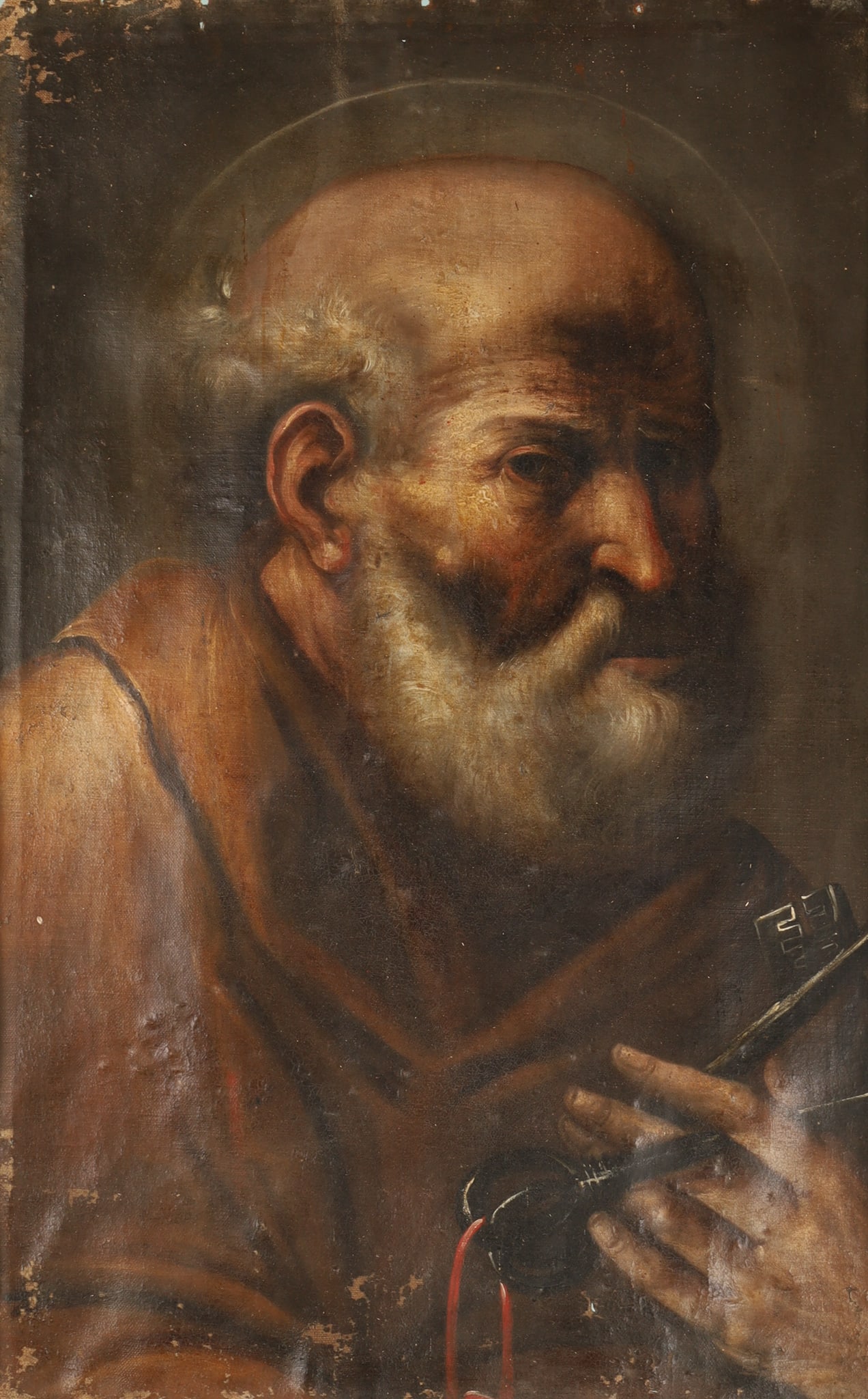 19th C Cusco School Oil on Canvas Portrait of Saint Peter with Keys: 19th C Cusco School Oil on Canvas Portrait of Saint Peter with Keys. Saint Peter is depicted with a balding head, a full grey beard, and the keys he holds in his hand, which symbolize the spirit