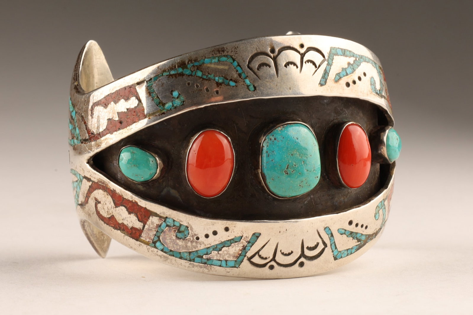 Native American Navajo Turquoise Red Coral Sterling Cuff Bracelet (1 of 7)