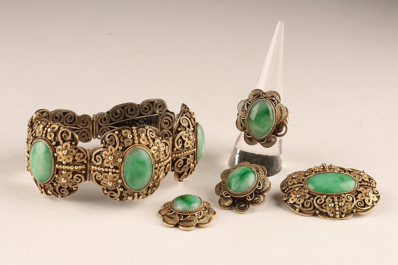 Antique Chinese Gilt Silver Filigree and Jade Parure 4 Piece Set (1 of 8)