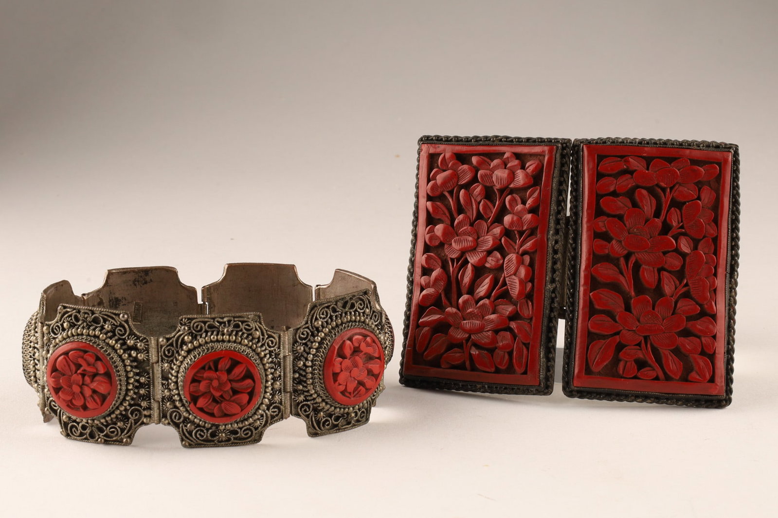Antique Chinese Export Cinnabar Belt Buckle and Bracelet (1 of 8)