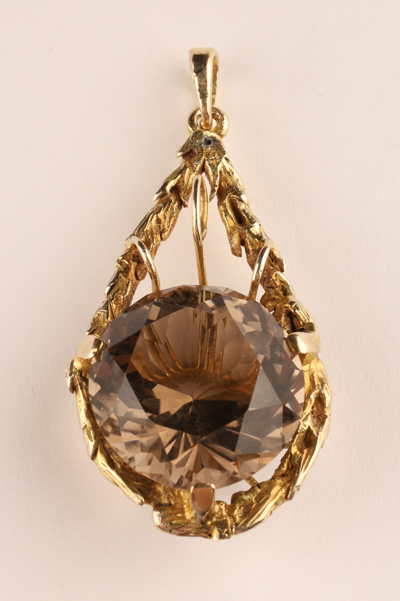 Brutalist Modernist 14K Gold and Smoky Topaz Cage Pendant (1 of 6)