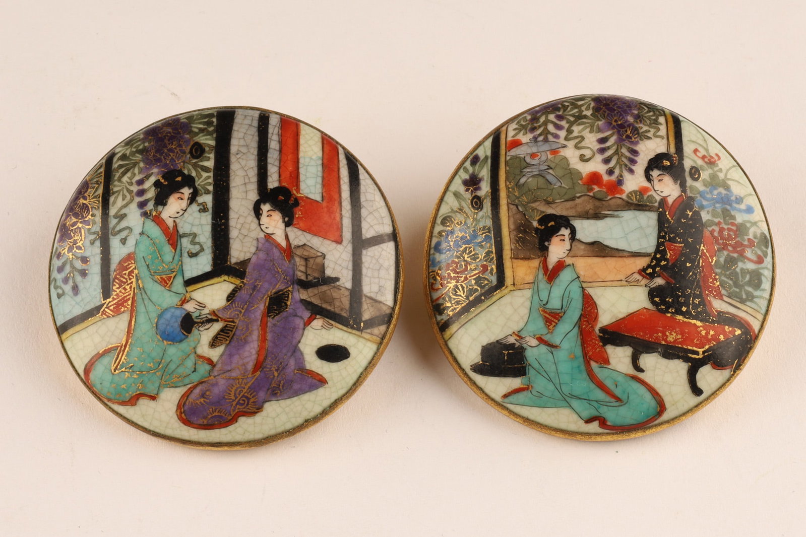 A Pair of Antique Japanese Satsuma Brooches, Domestic Interior Scenes (1 of 6)
